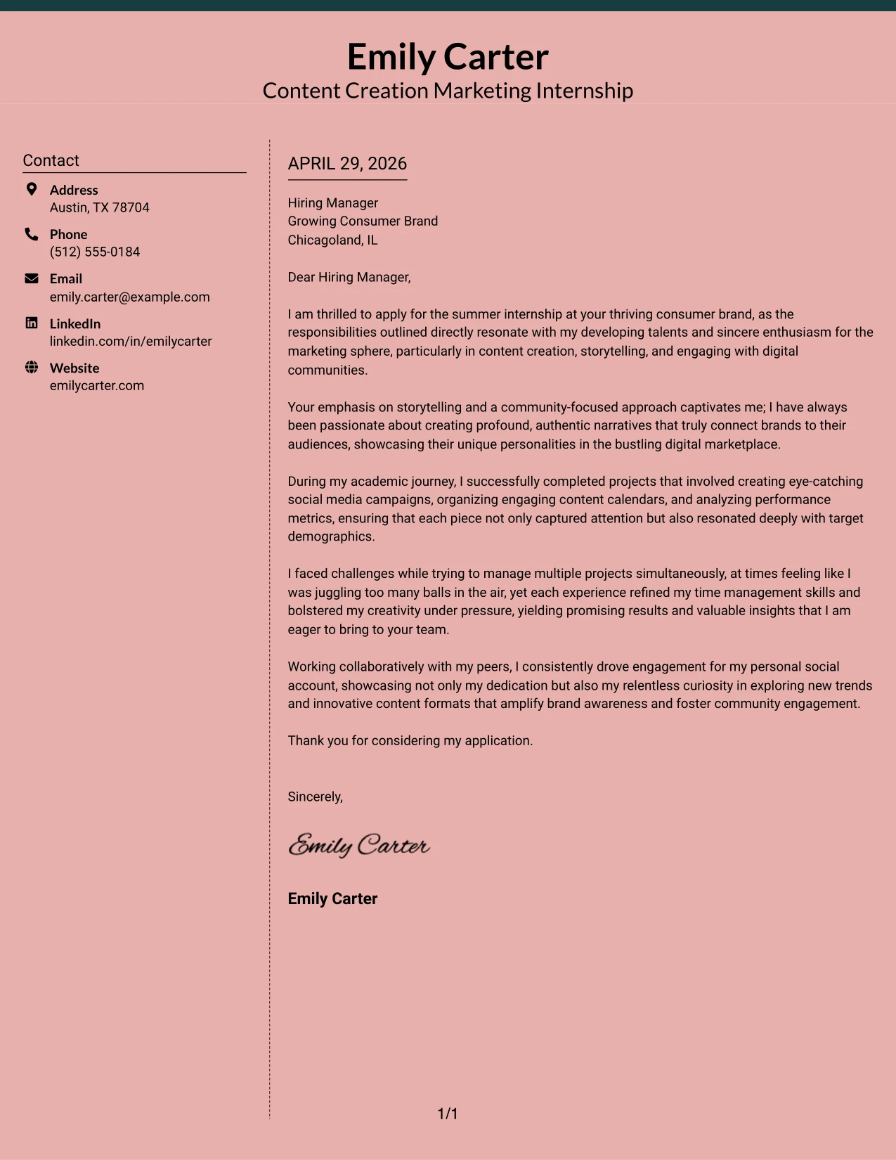 Content Creation Marketing Internship Cover Letter Example Elegant Full Background Two Column Format