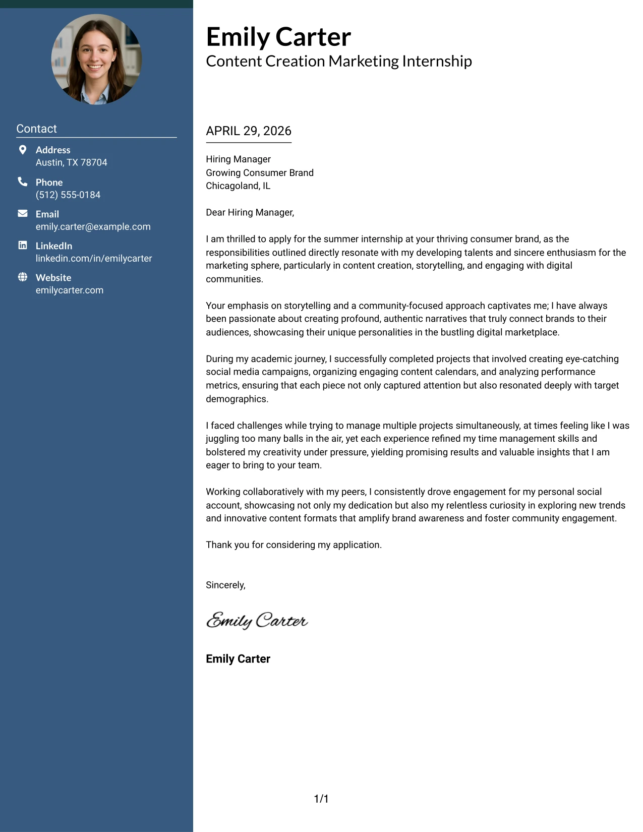 Content Creation Marketing Internship Cover Letter Example