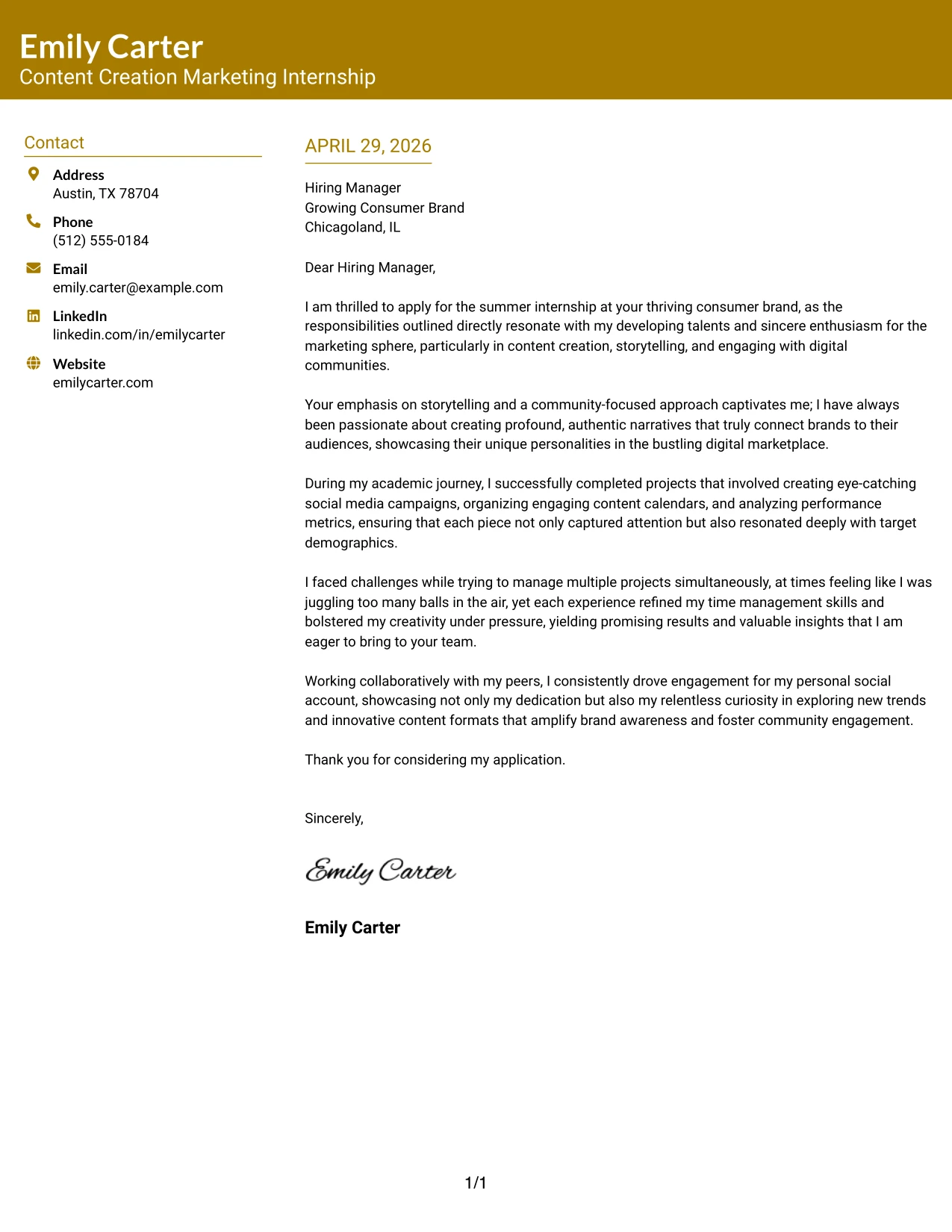 Content Creation Marketing Internship Cover Letter Example Bold Color Header Professional Format