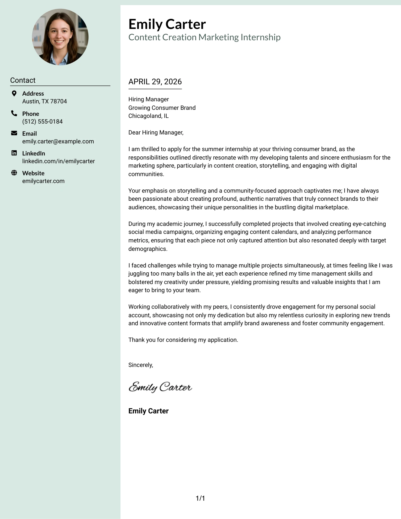 Content Creation Marketing Internship Cover Letter Example Photo Header Color Sidebar Format