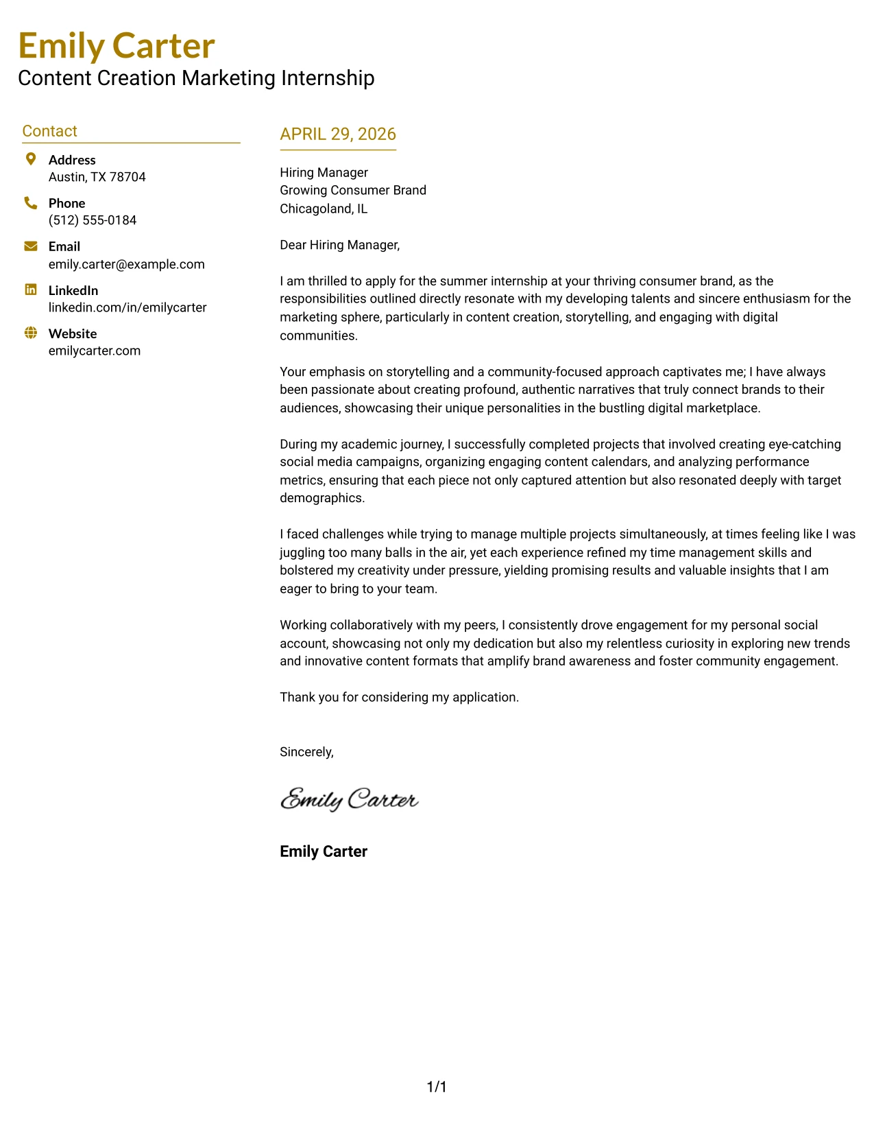 Content Creation Marketing Internship Cover Letter Example Top Left Header Color Accent Format