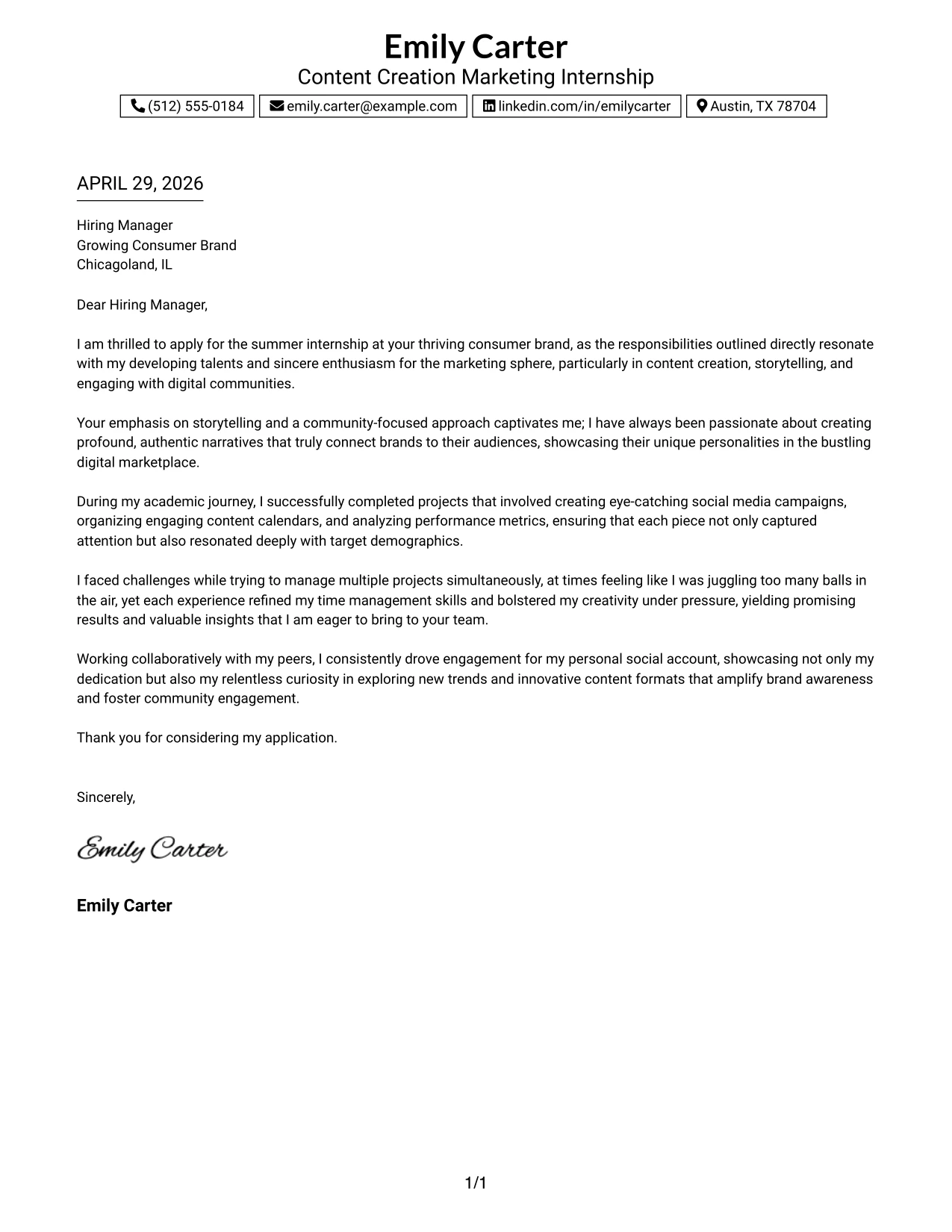 Content Creation Marketing Internship Cover Letter Example Boxed Contact Header with Job Title Format