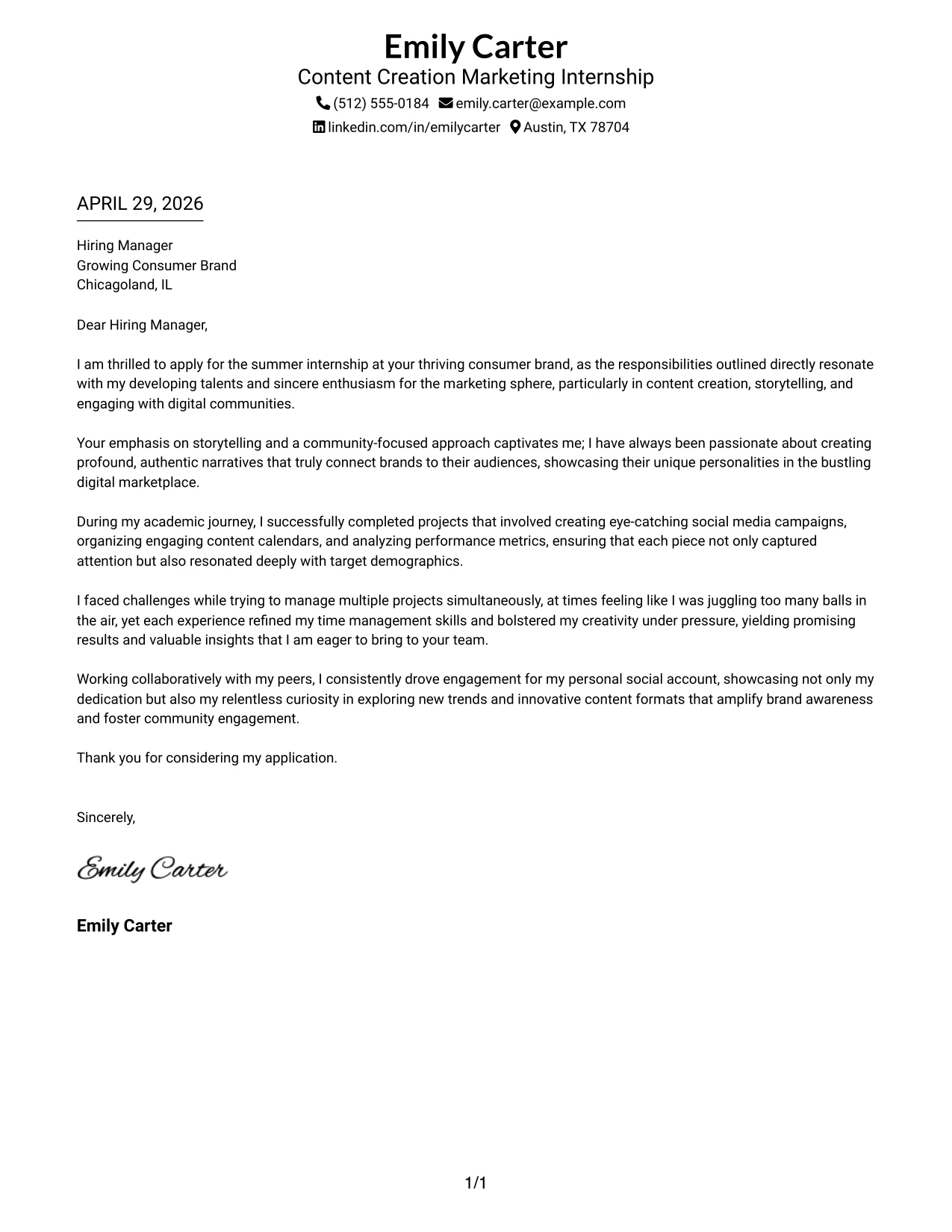 Cover Letter Example for Content Creation Marketing Internship with Two-Line Contact Header and Underlined Date