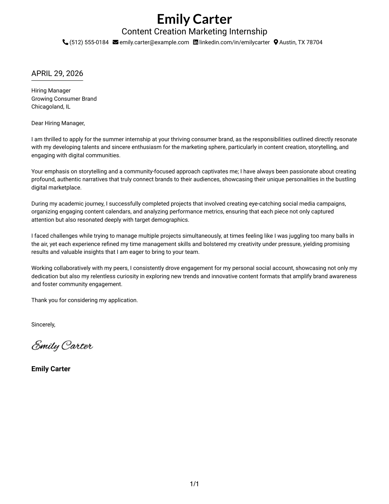 Content Creation Marketing Internship Cover Letter Example Simple One Column Format
