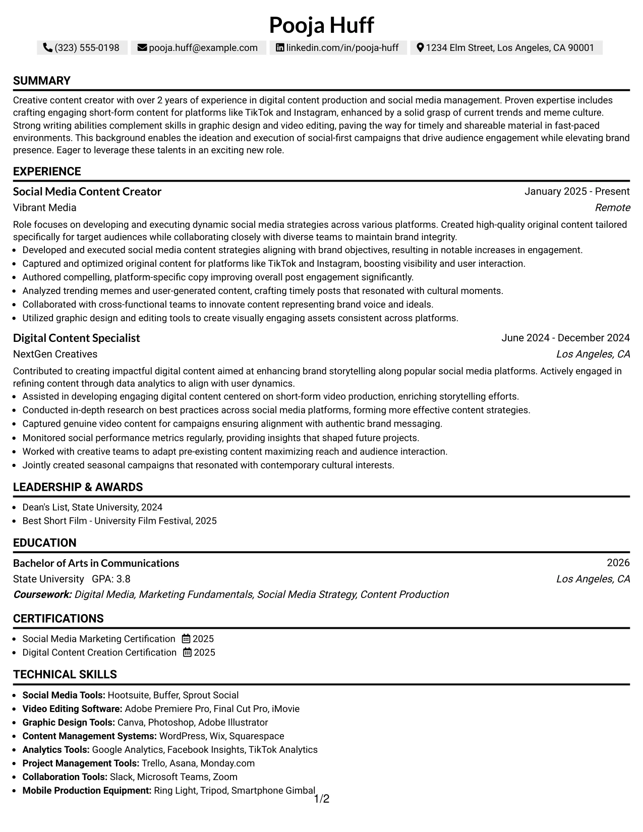 Resume Example Page 1