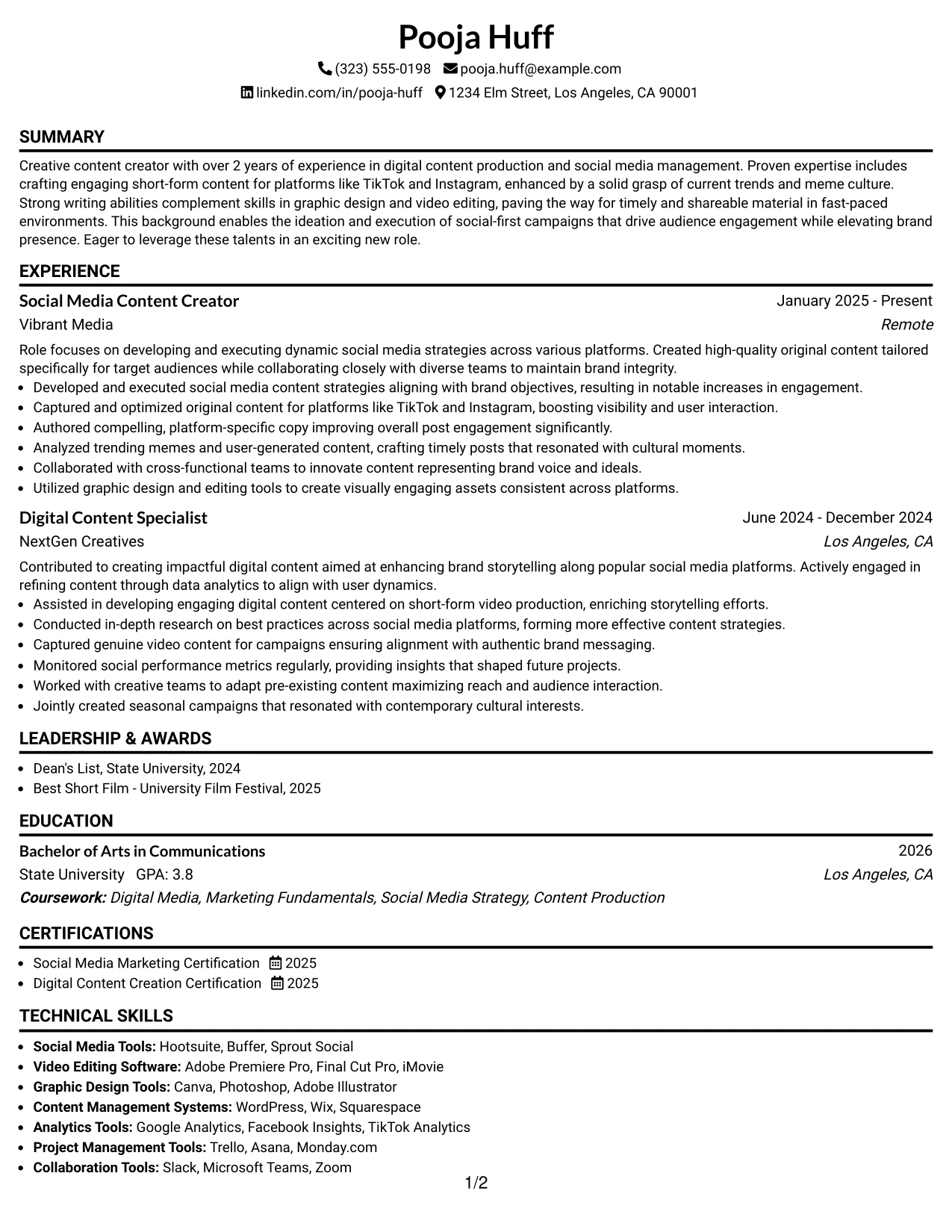 Resume Example Page 1