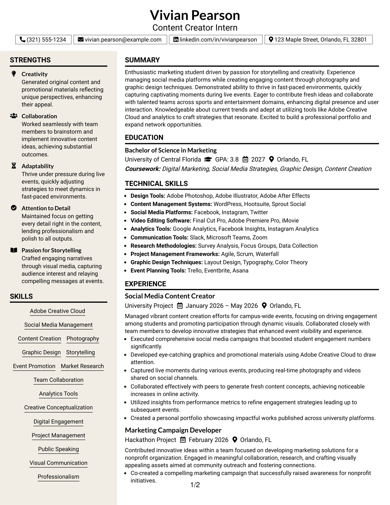 Resume Example Page 1