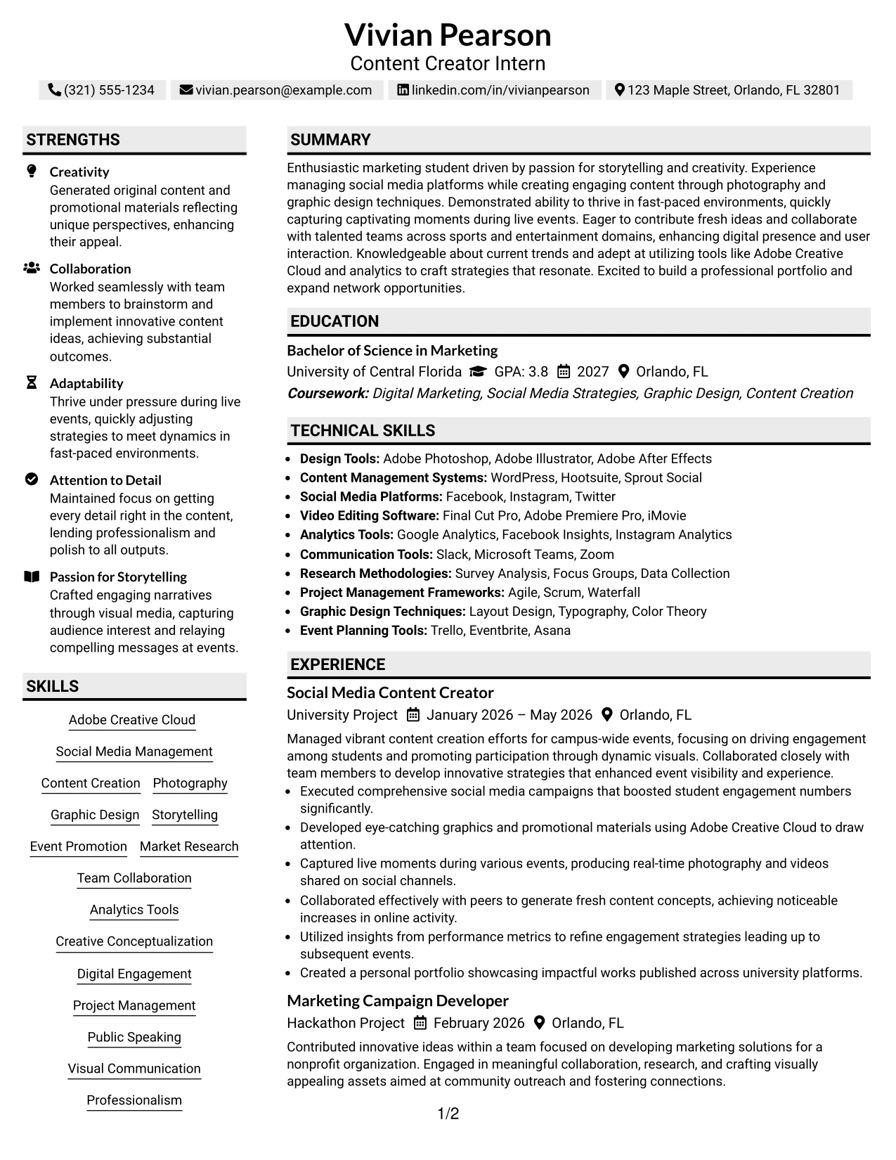 Resume Example Page 1