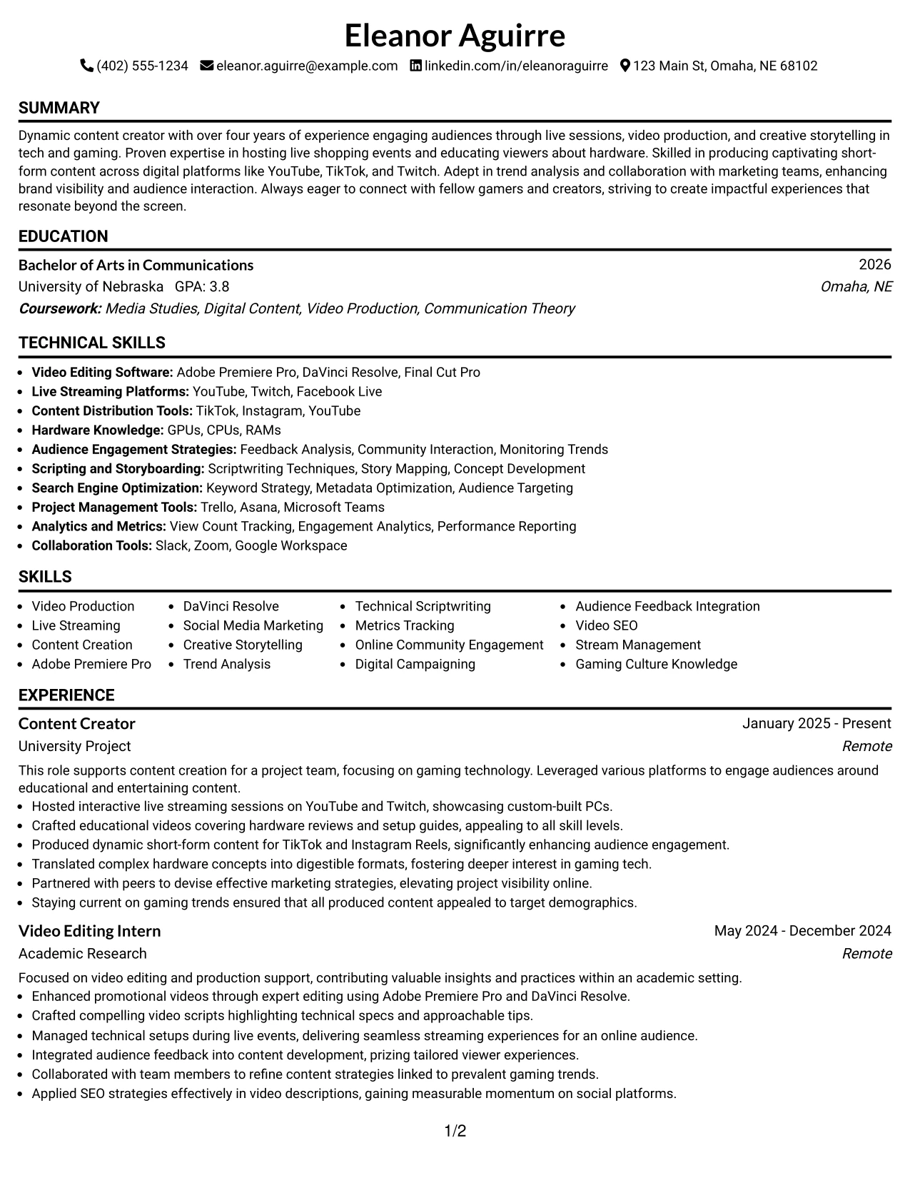 Resume Example Page 1