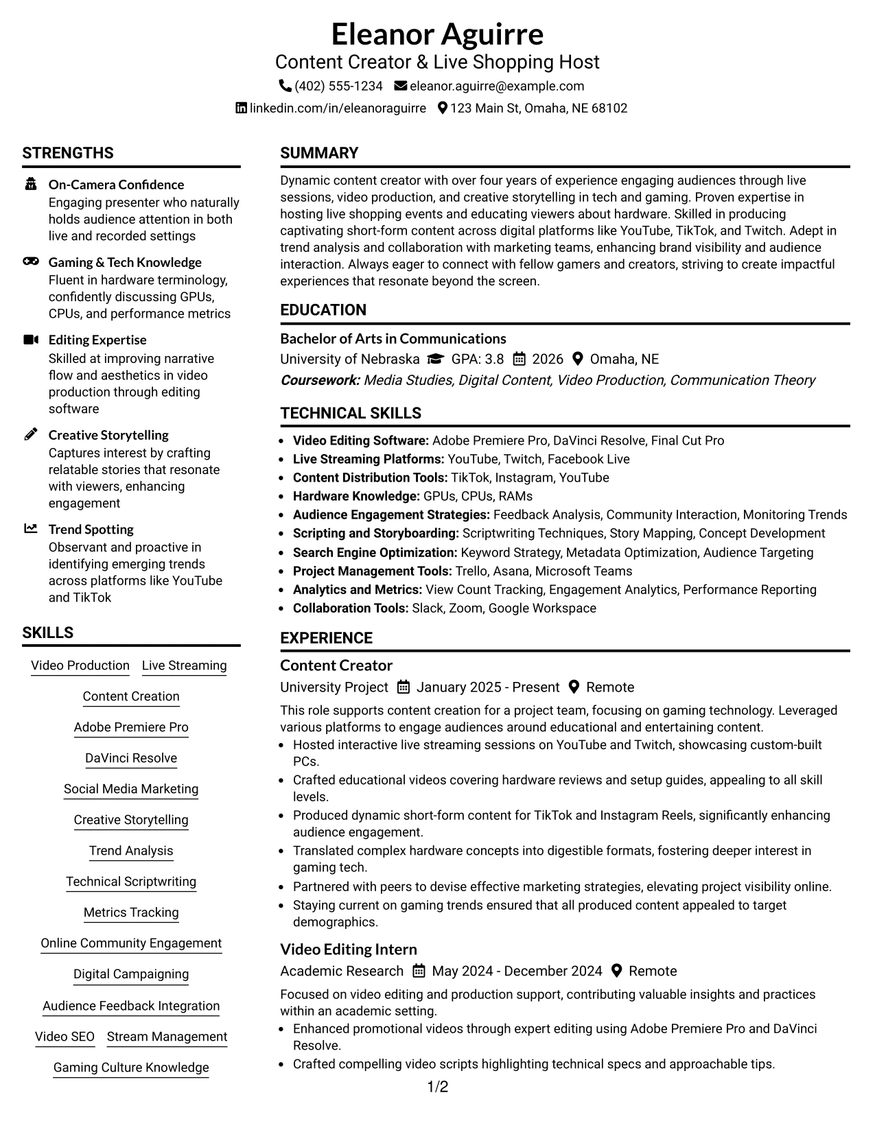 Resume Example Page 1