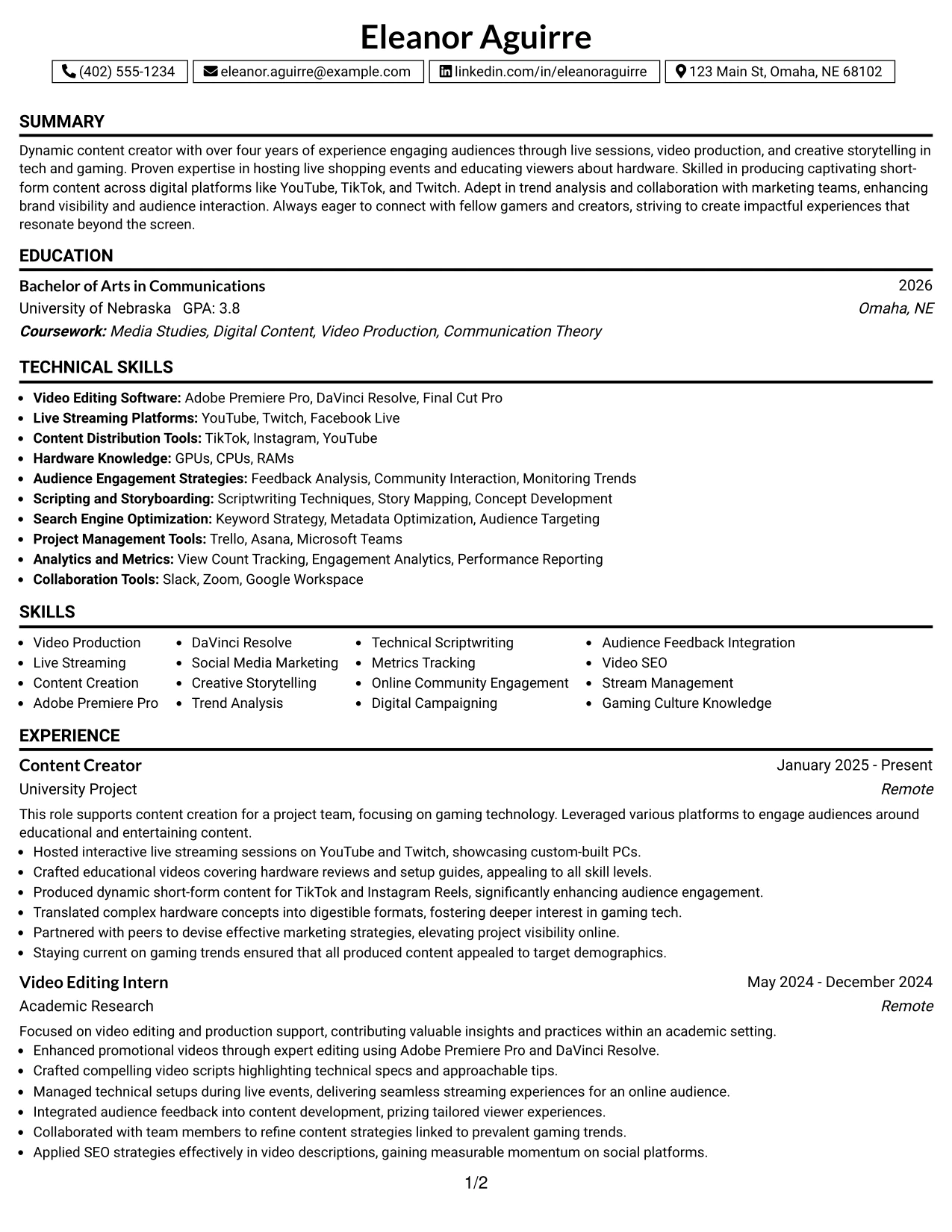 Resume Example Page 1