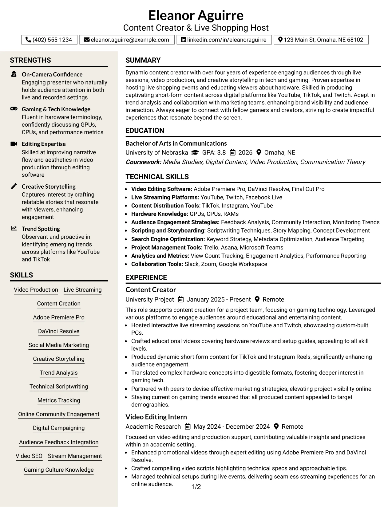 Resume Example Page 1