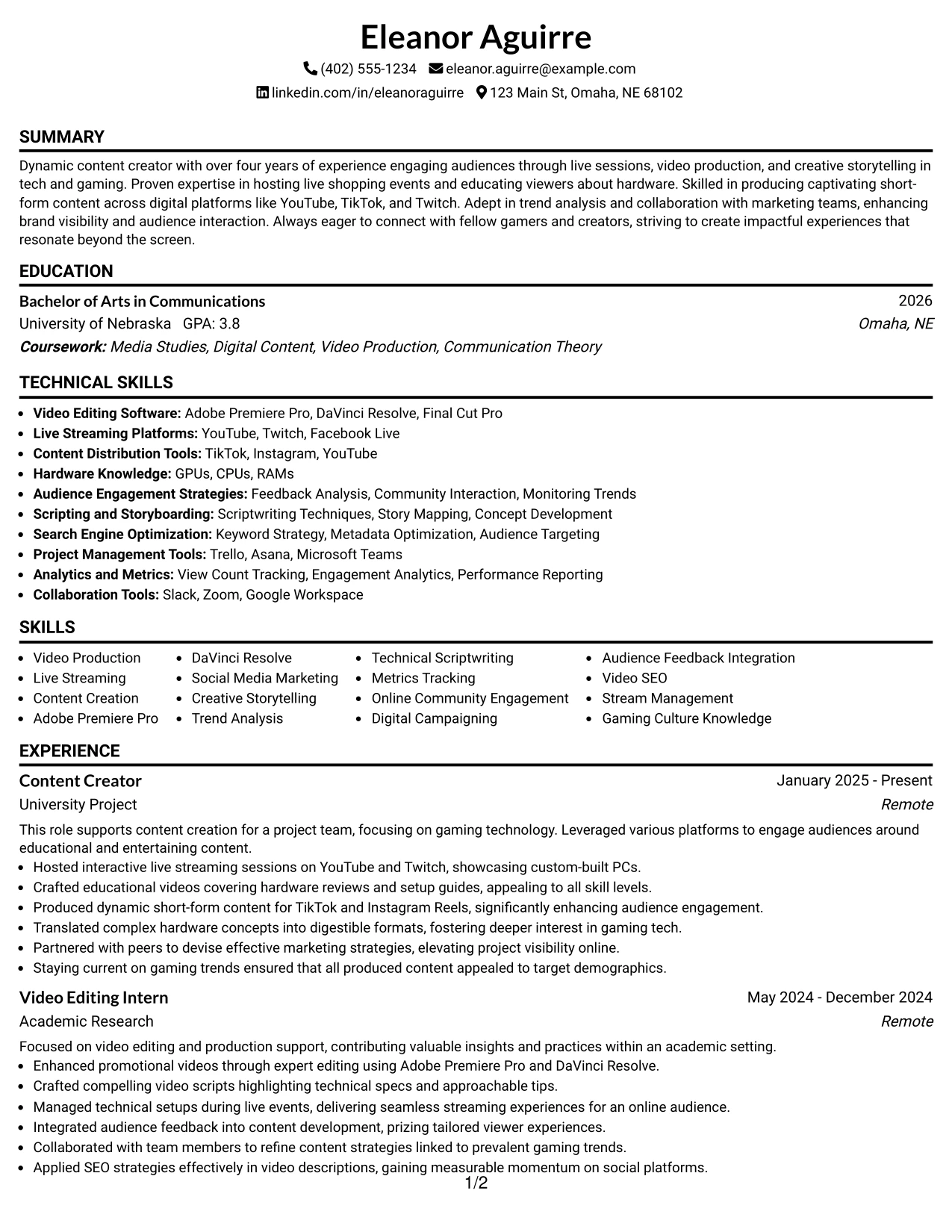 Resume Example Page 1