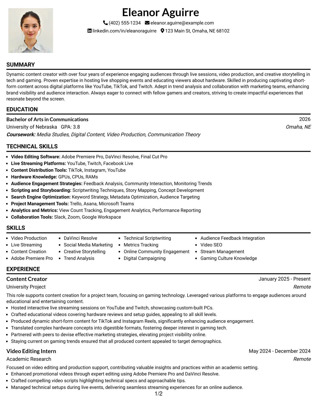 Resume Example Page 1