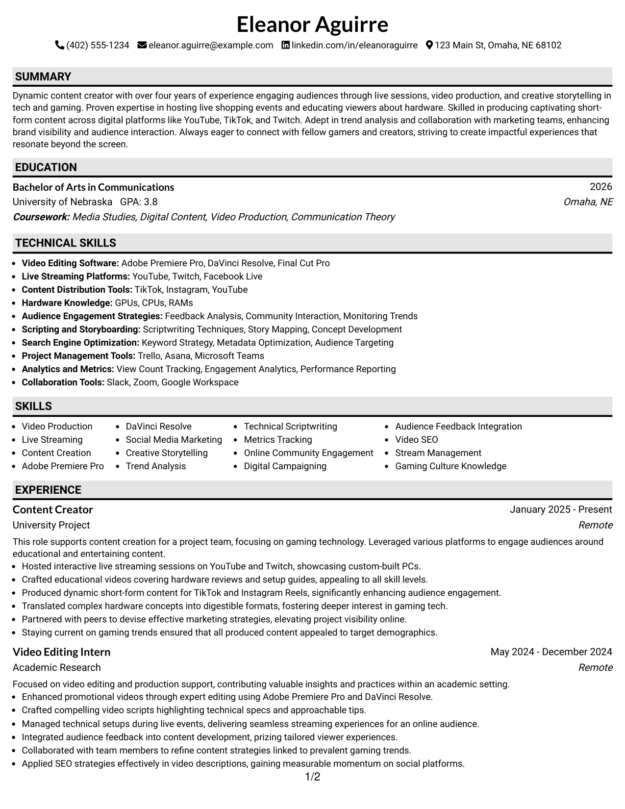 Resume Example Page 1