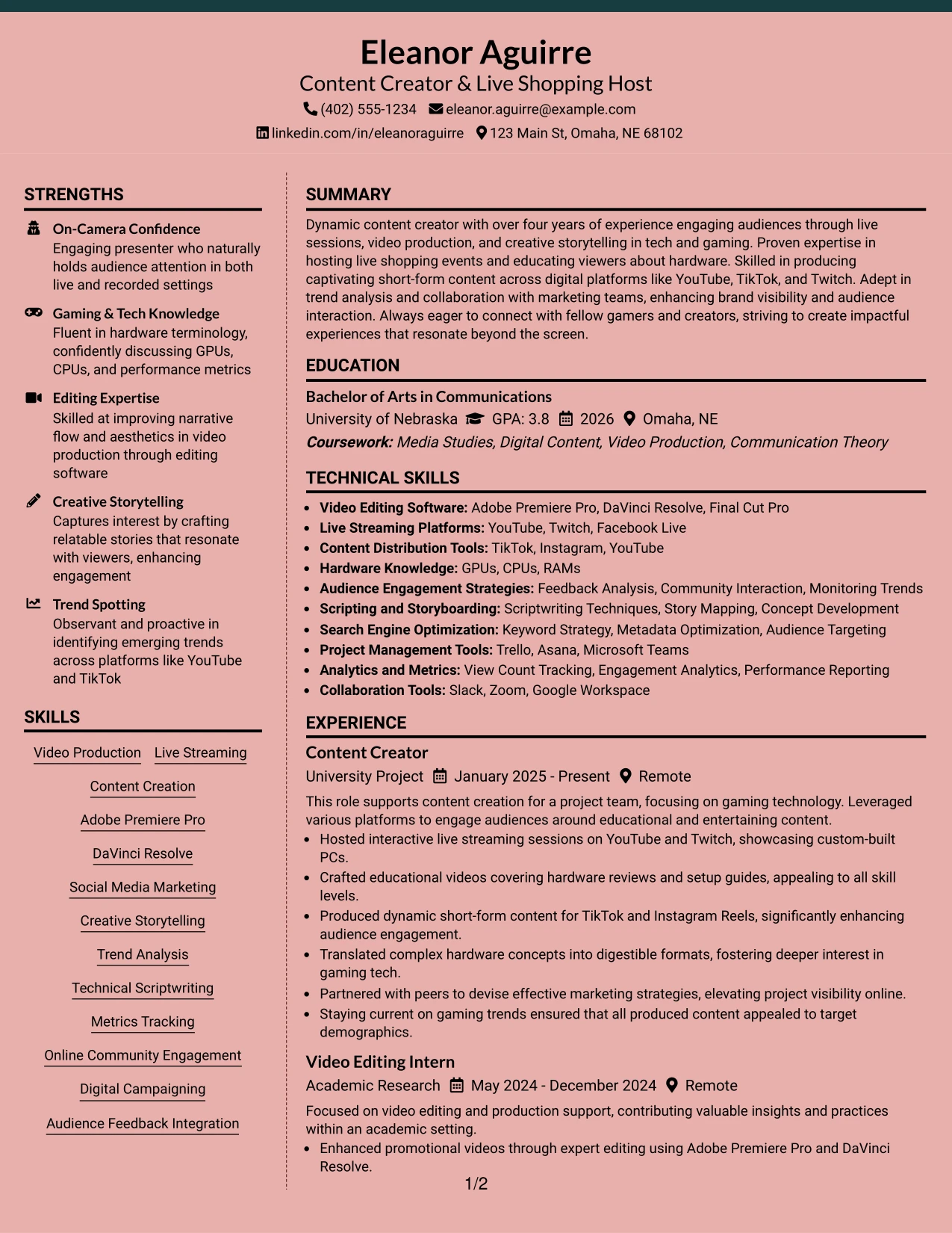Resume Example Page 1