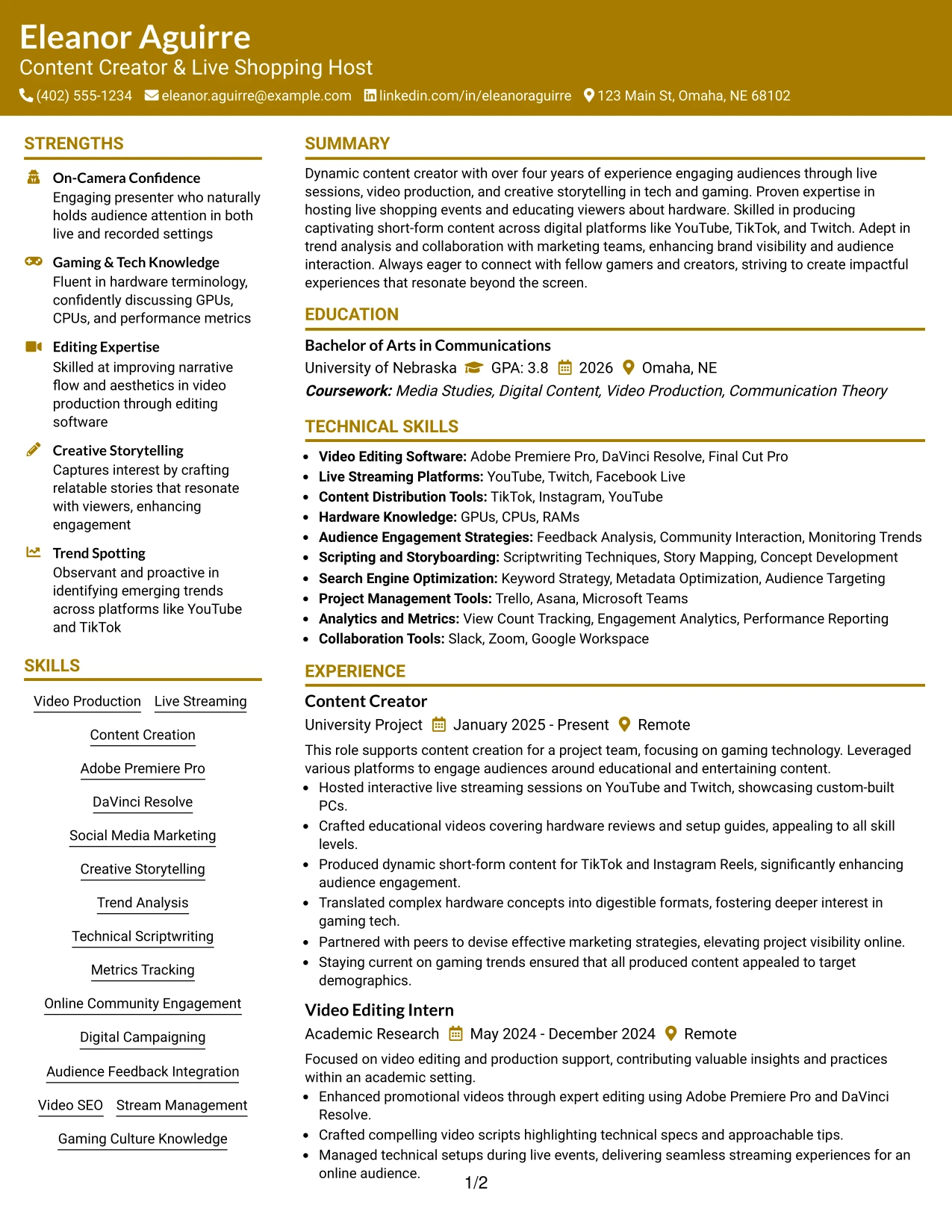 Resume Example Page 1