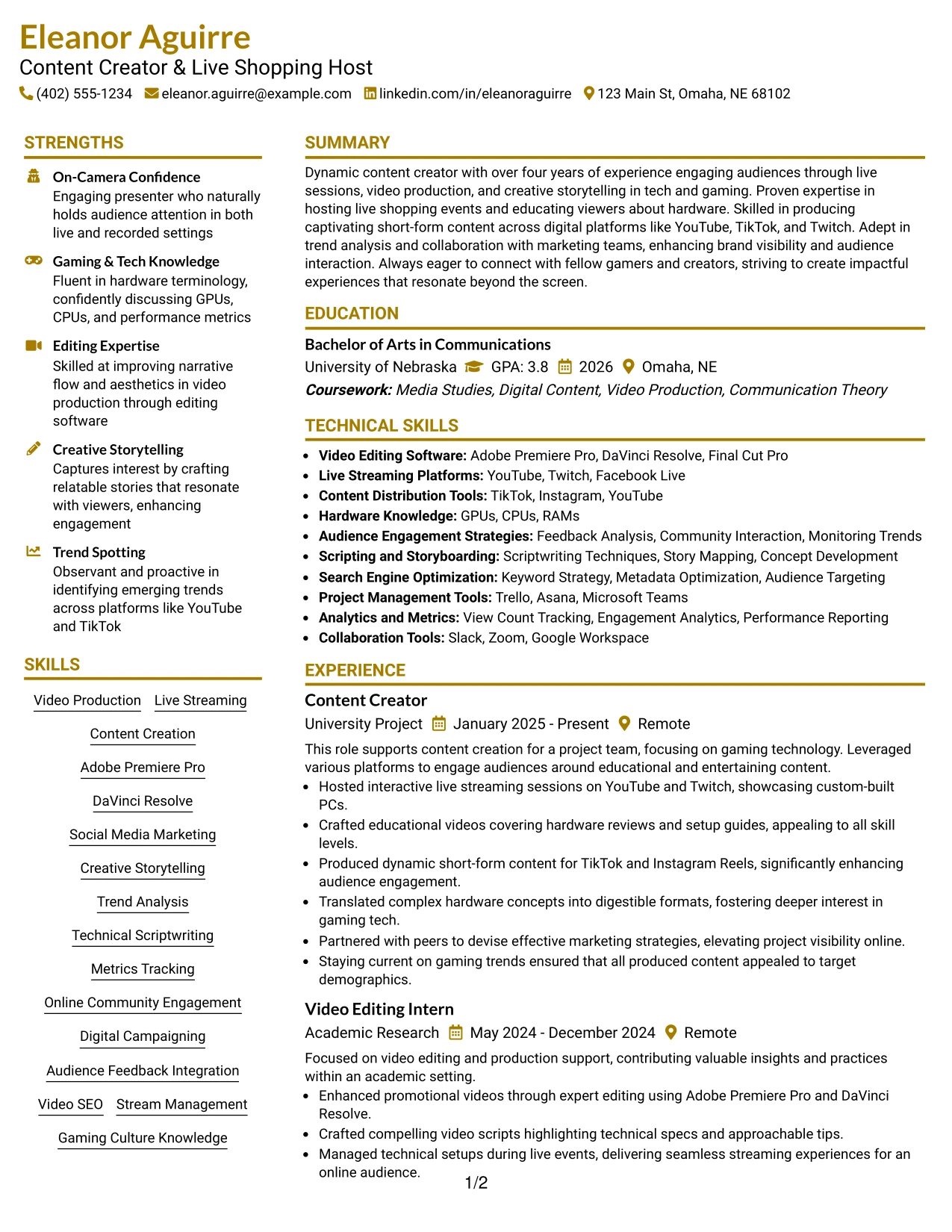 Resume Example Page 1
