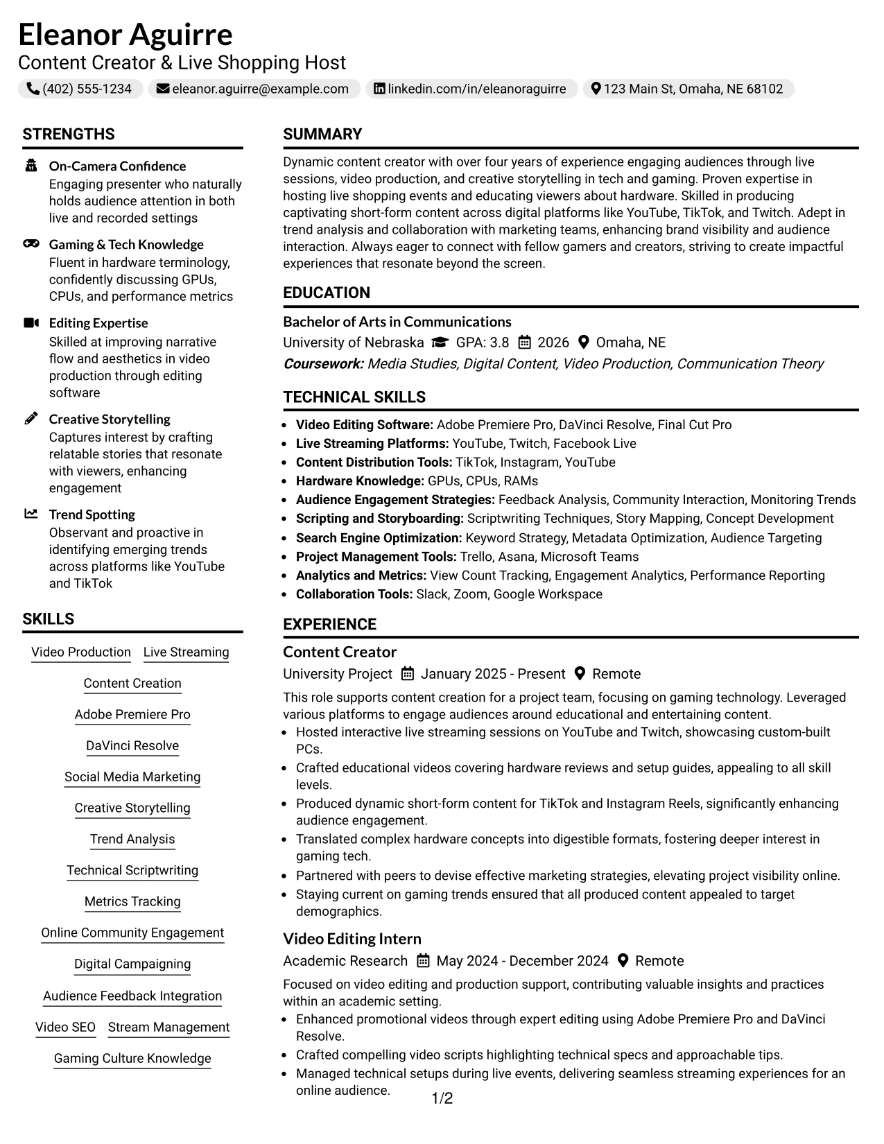 Resume Example Page 1
