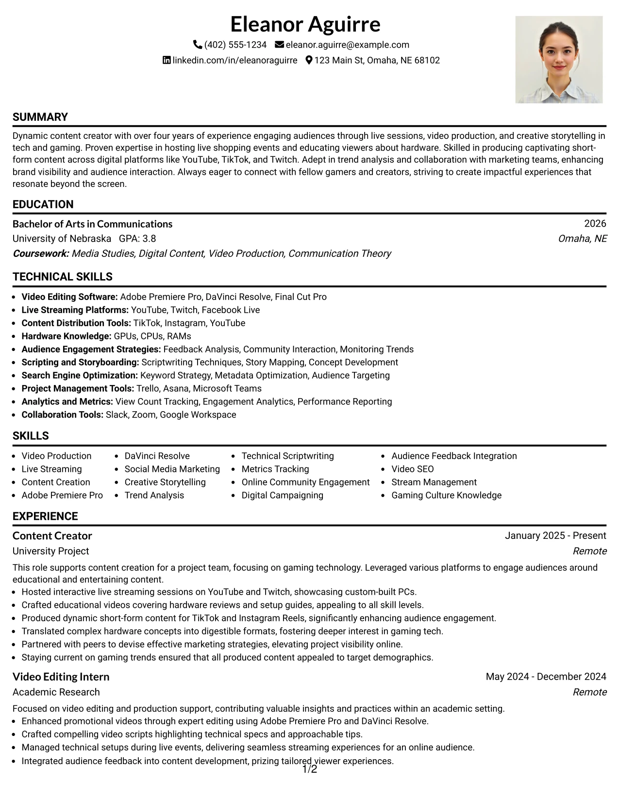 Resume Example Page 1