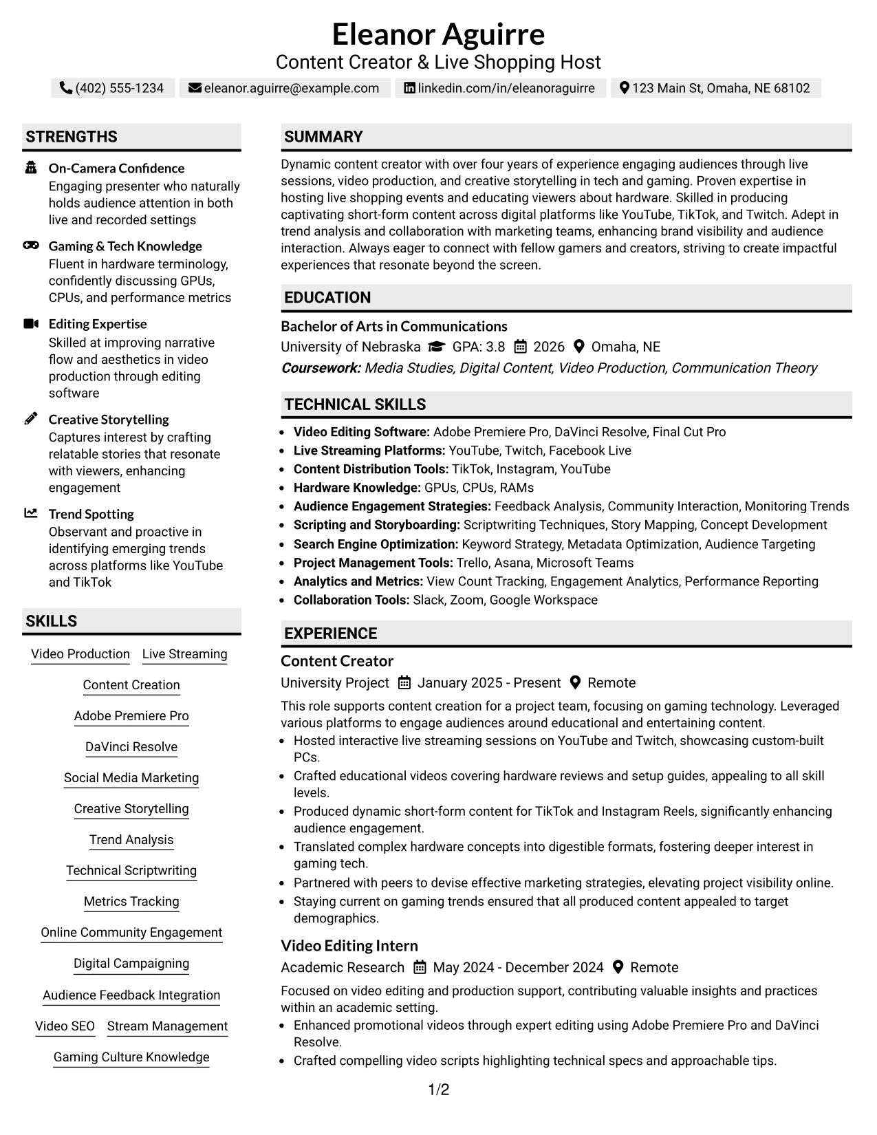 Resume Example Page 1