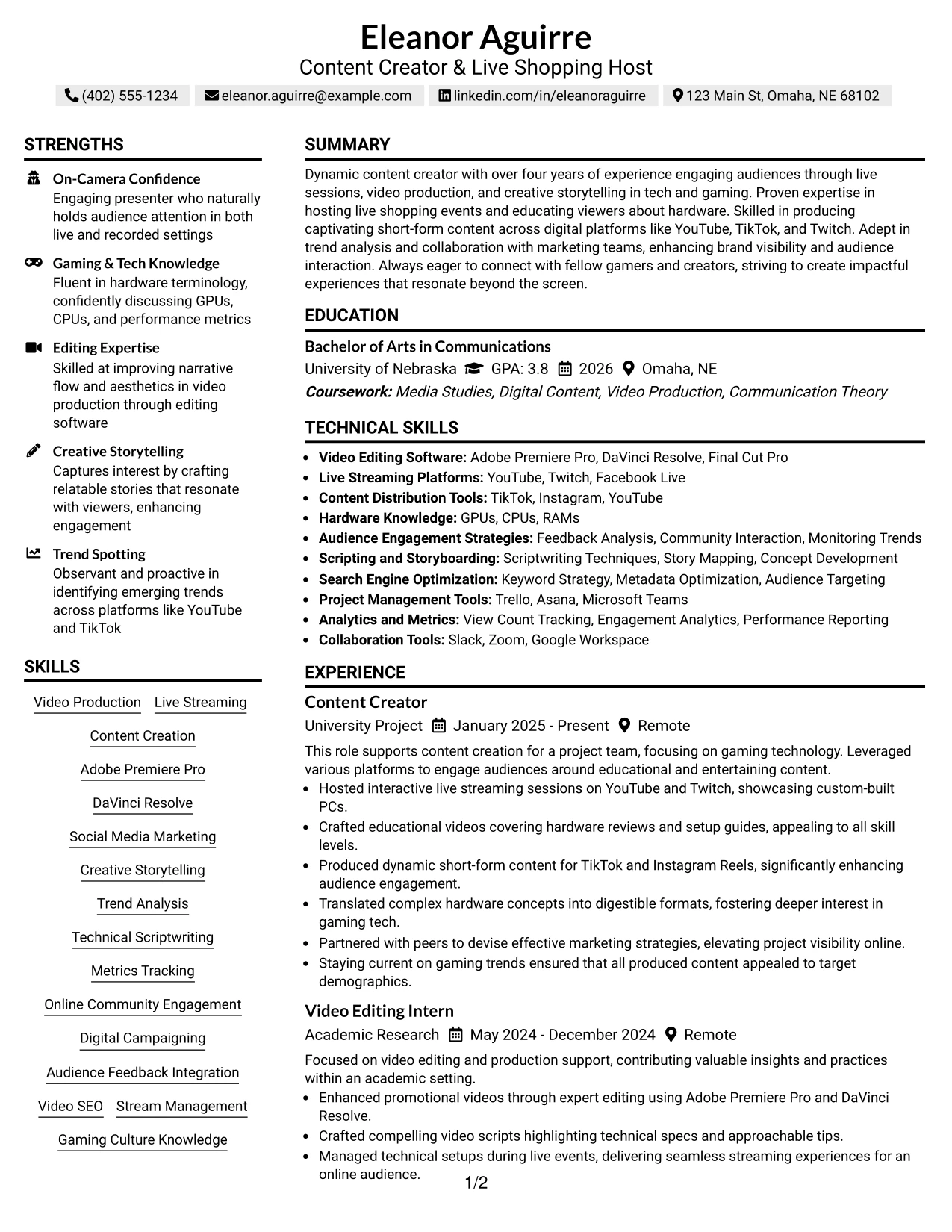 Resume Example Page 1