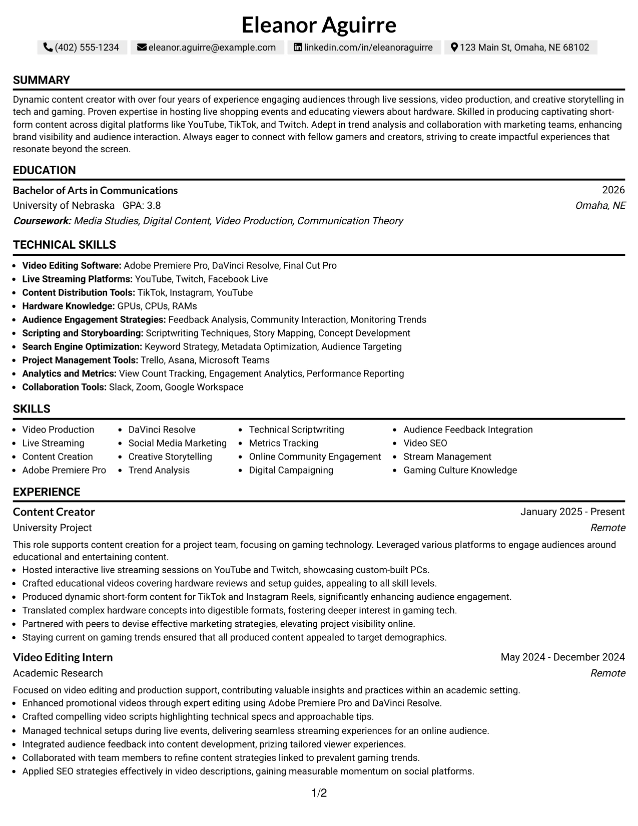 Resume Example Page 1