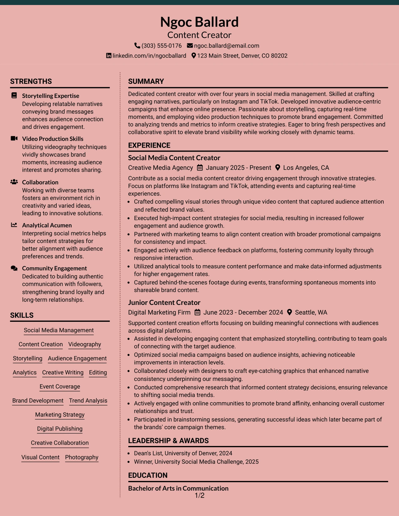 Resume Example Page 1