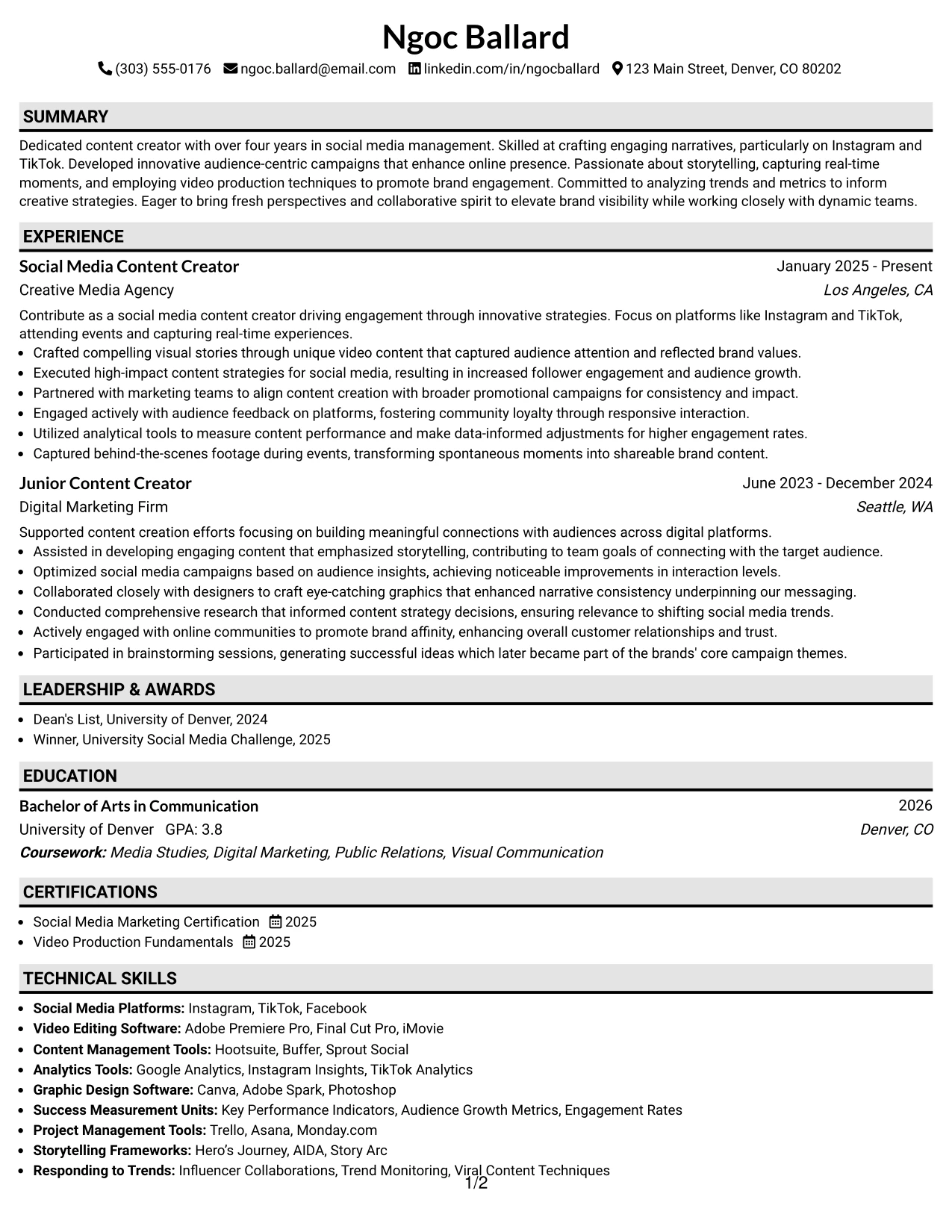 Resume Example Page 1
