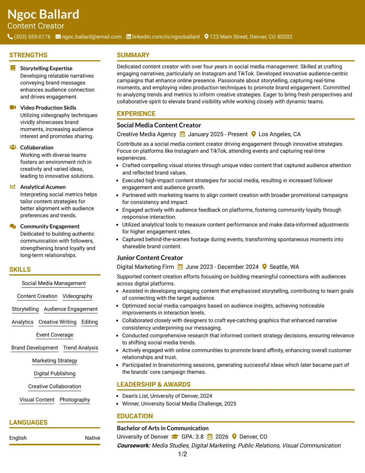 Resume Example Page 1