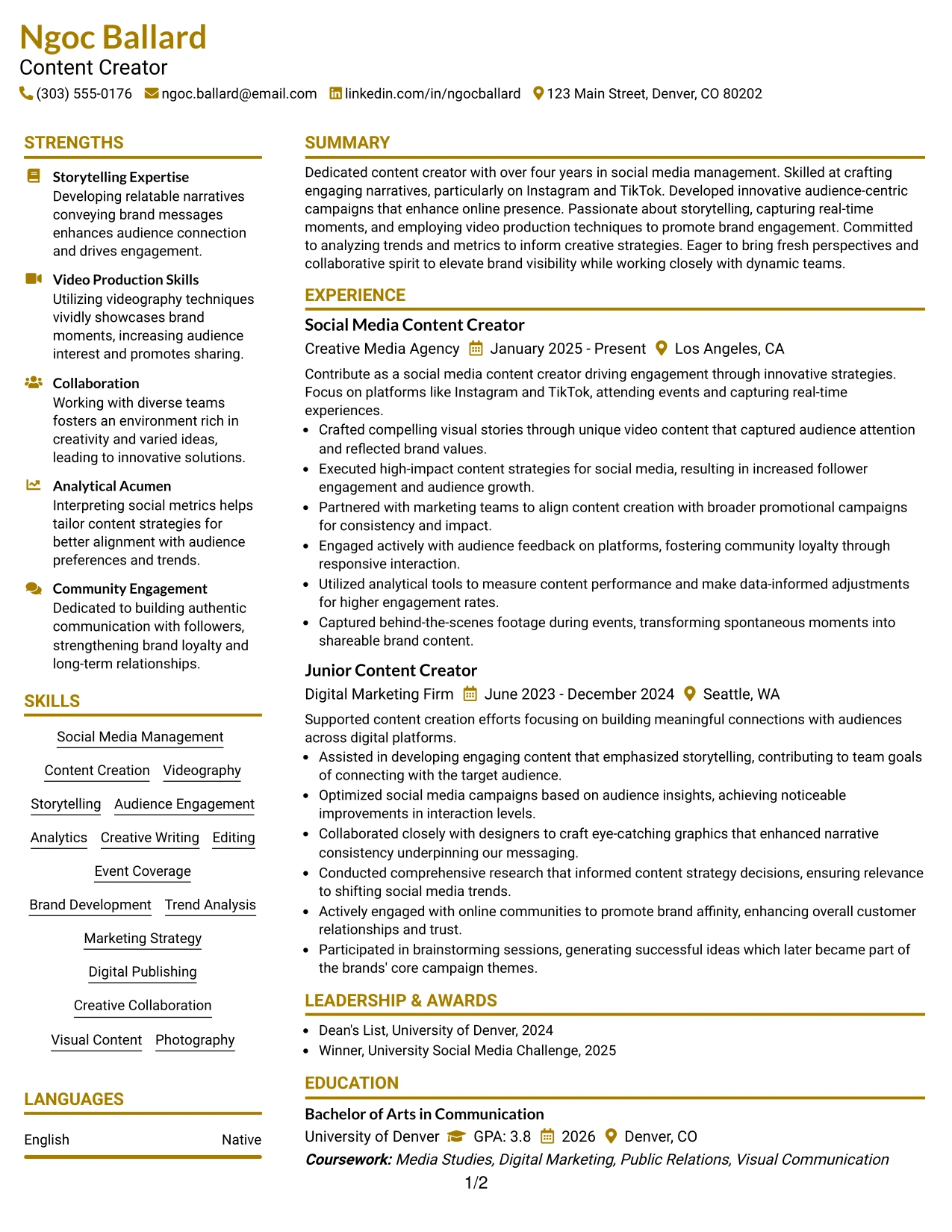 Resume Example Page 1