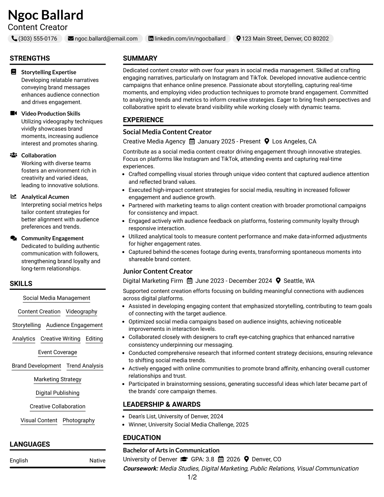 Resume Example Page 1
