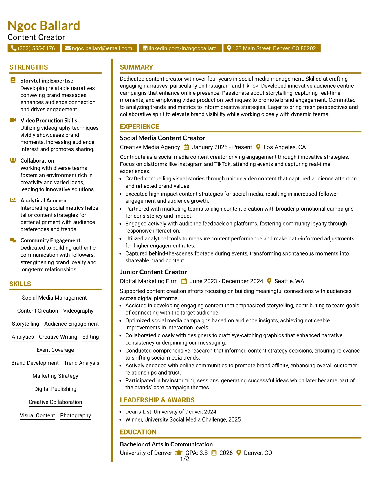Resume Example Page 1