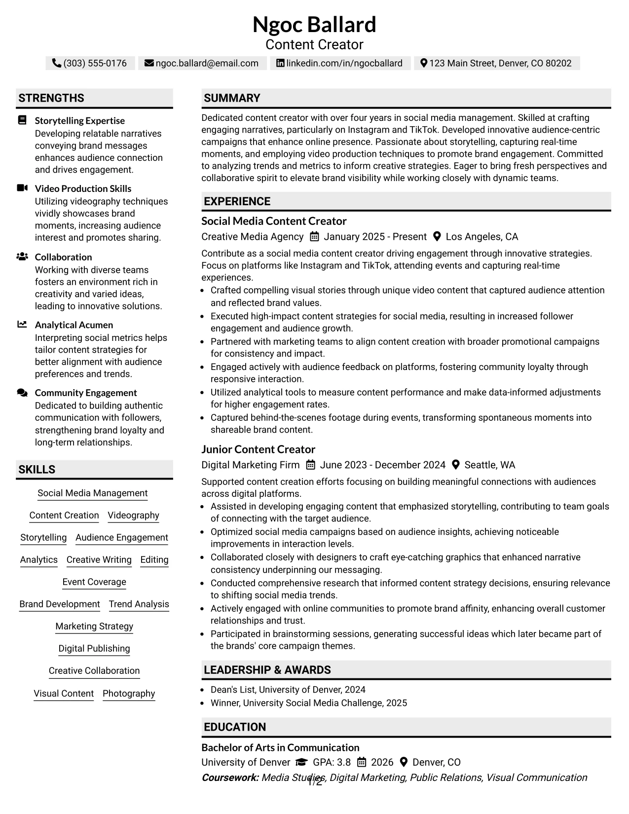 Resume Example Page 1