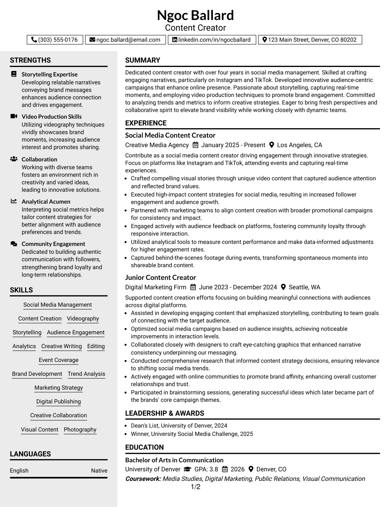 Resume Example Page 1