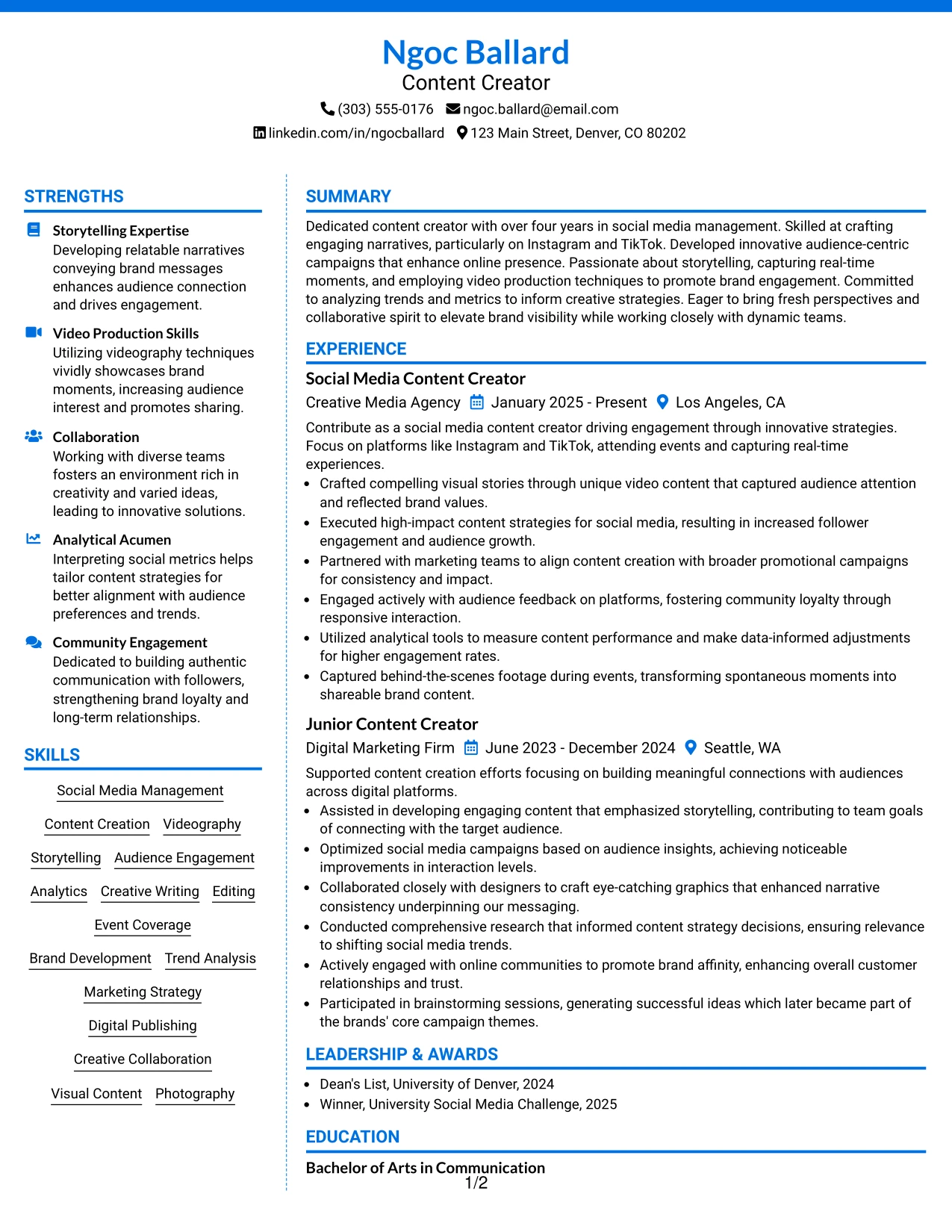Resume Example Page 1