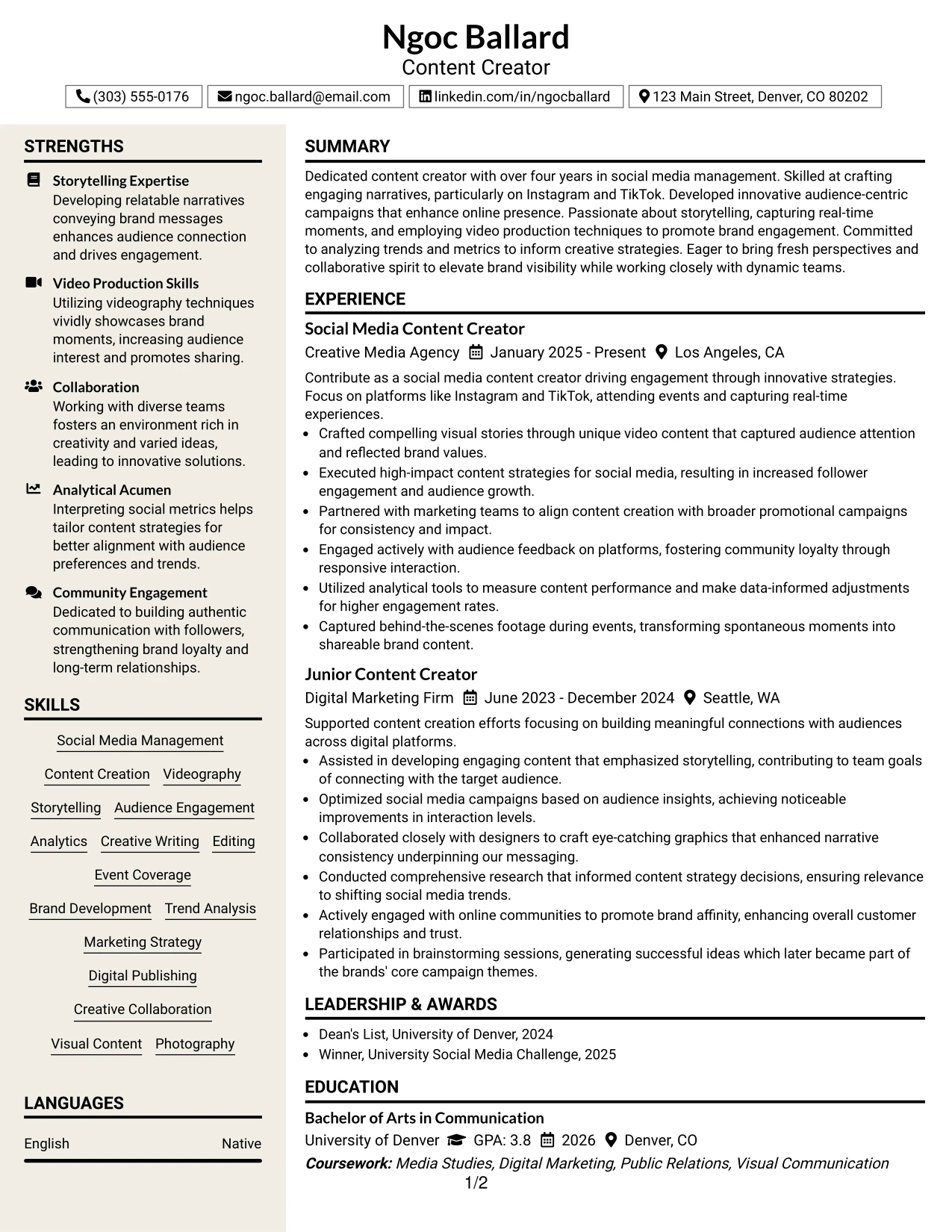Resume Example Page 1