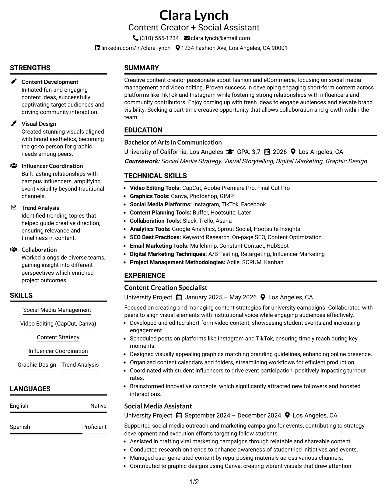 Resume Example Page 1