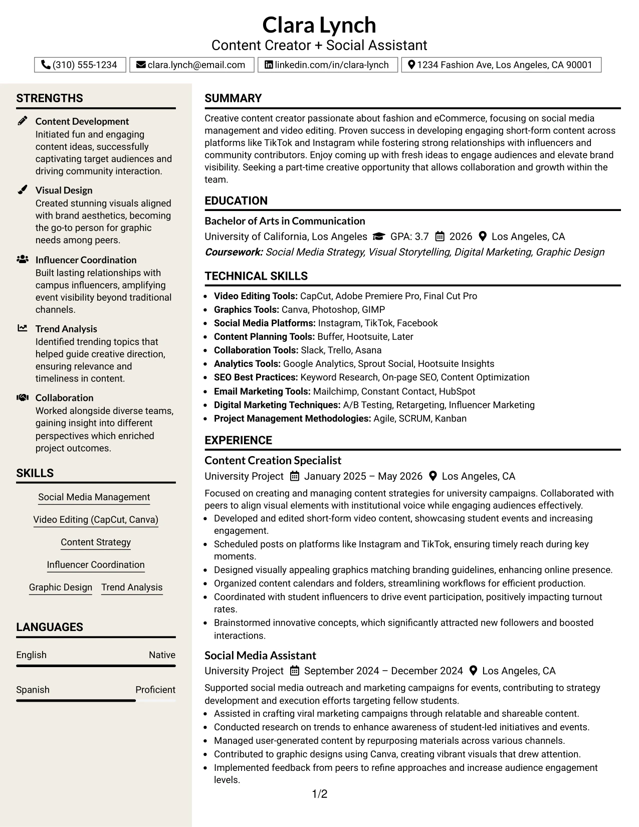 Resume Example Page 1