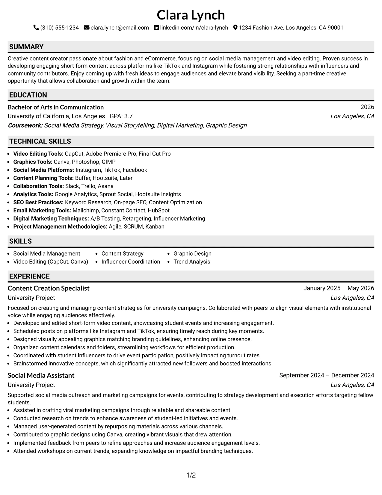 Resume Example Page 1