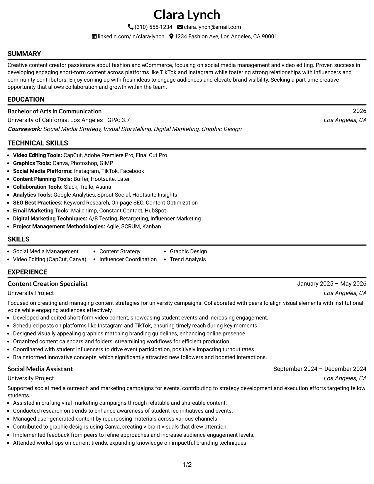 Resume Example Page 1