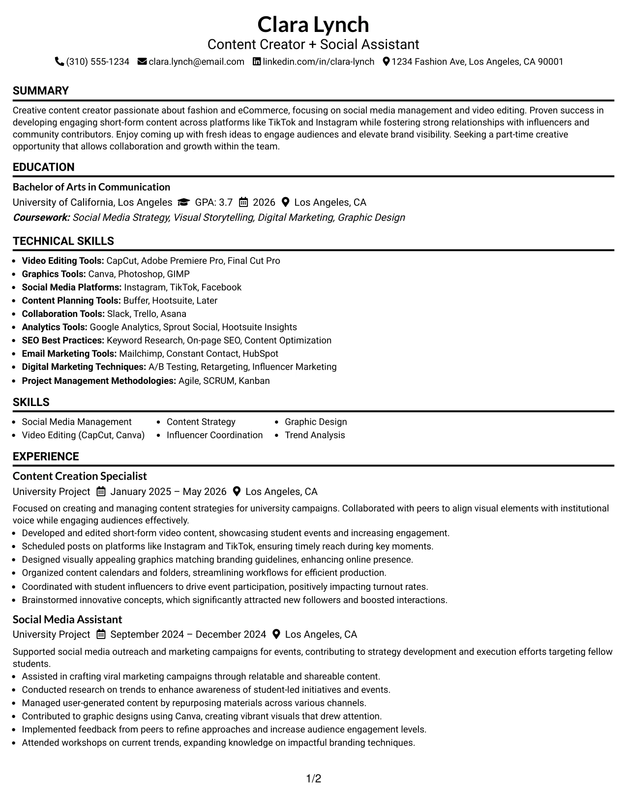 Resume Example Page 1
