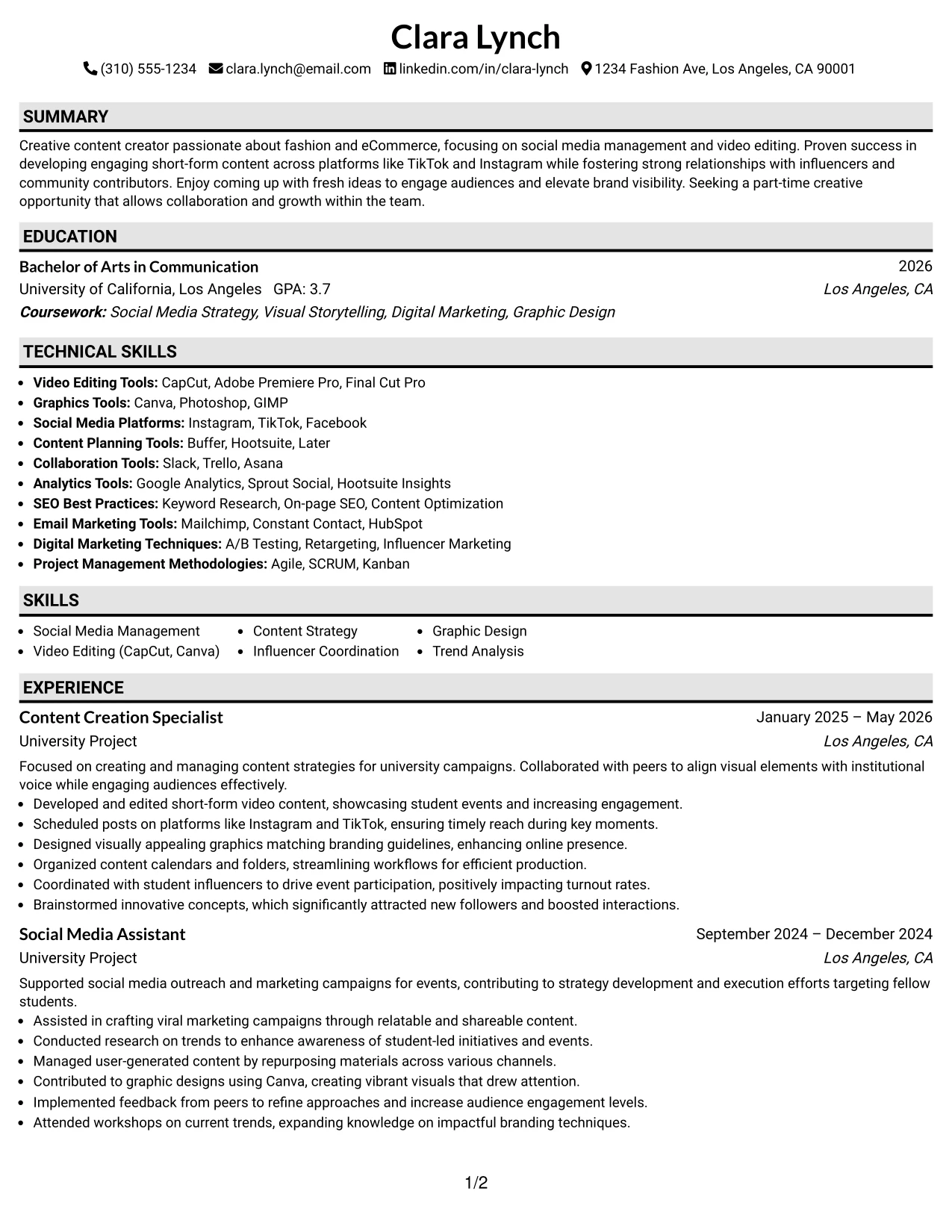 Resume Example Page 1
