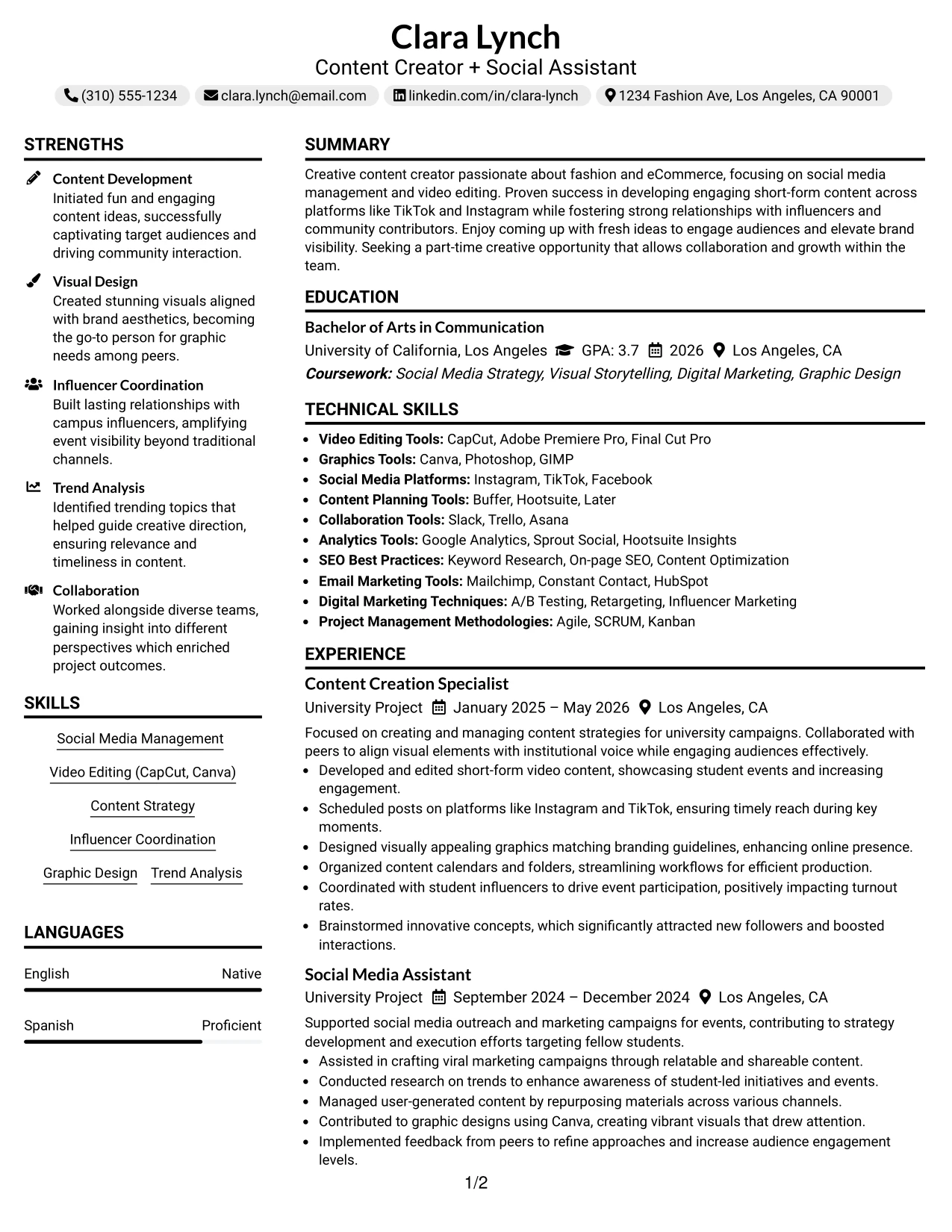 Resume Example Page 1