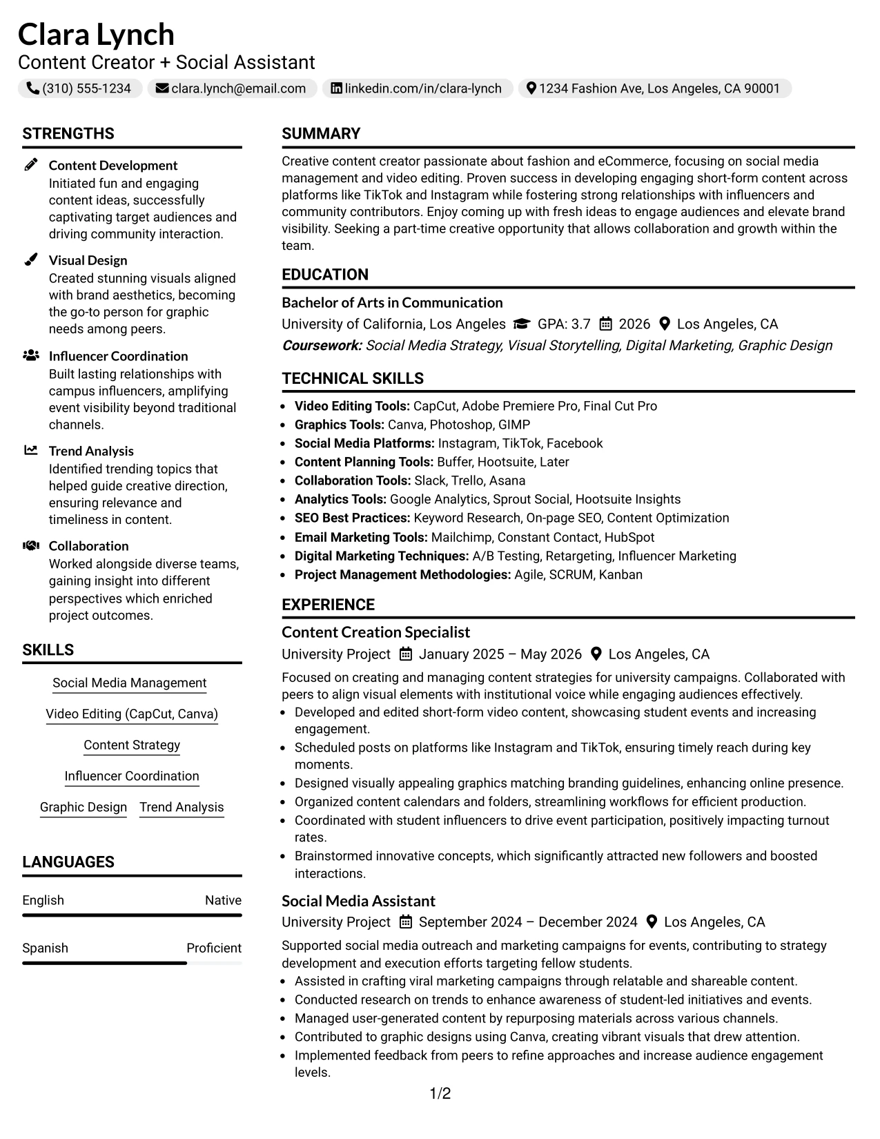 Resume Example Page 1
