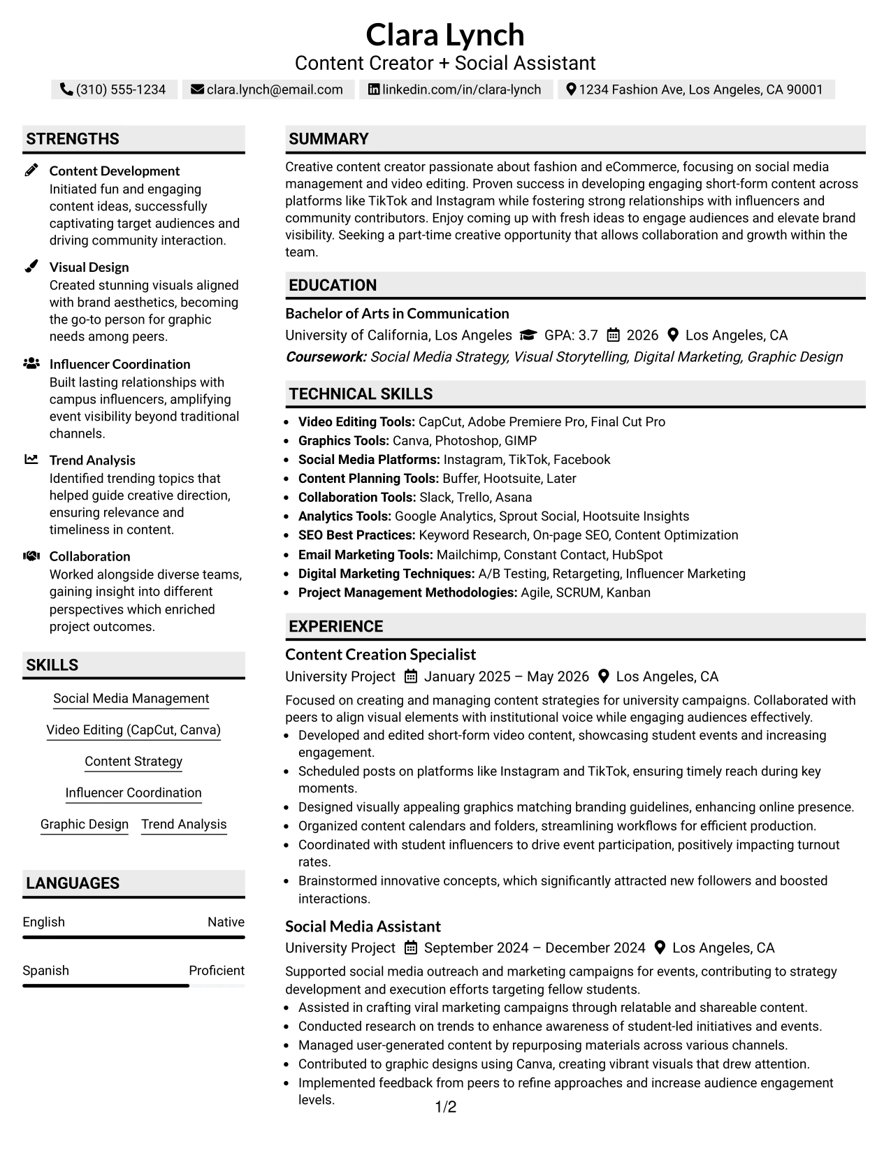 Resume Example Page 1