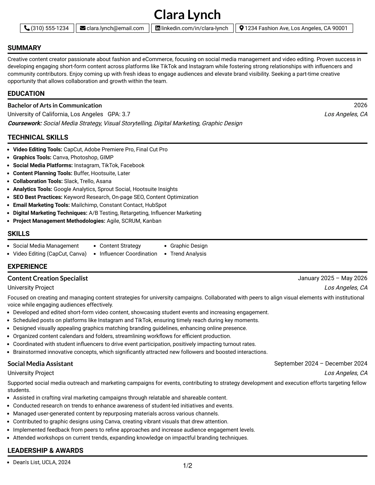Resume Example Page 1