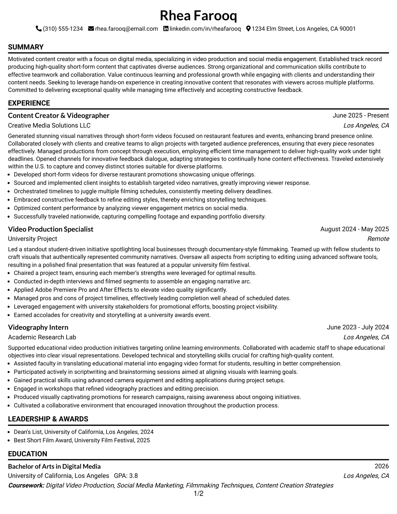 Resume Example Page 1