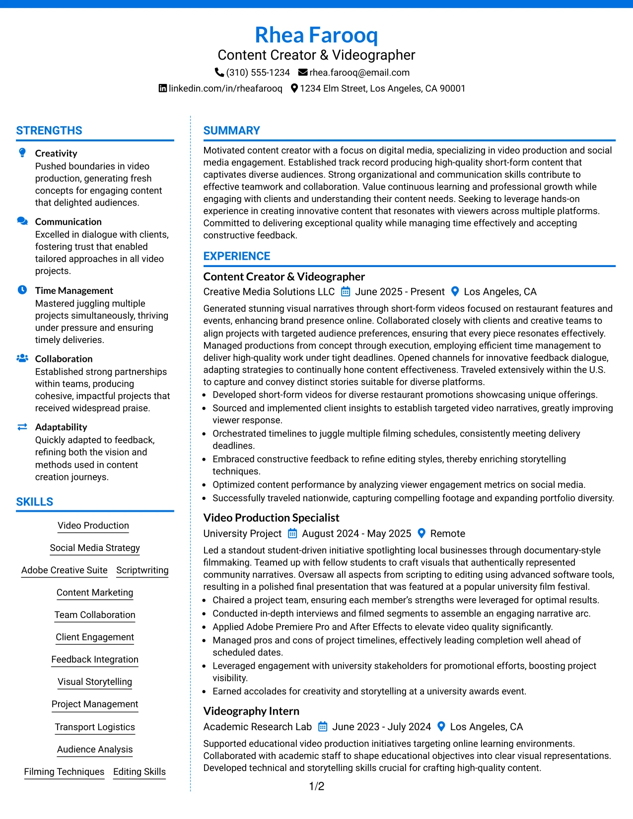 Resume Example Page 1