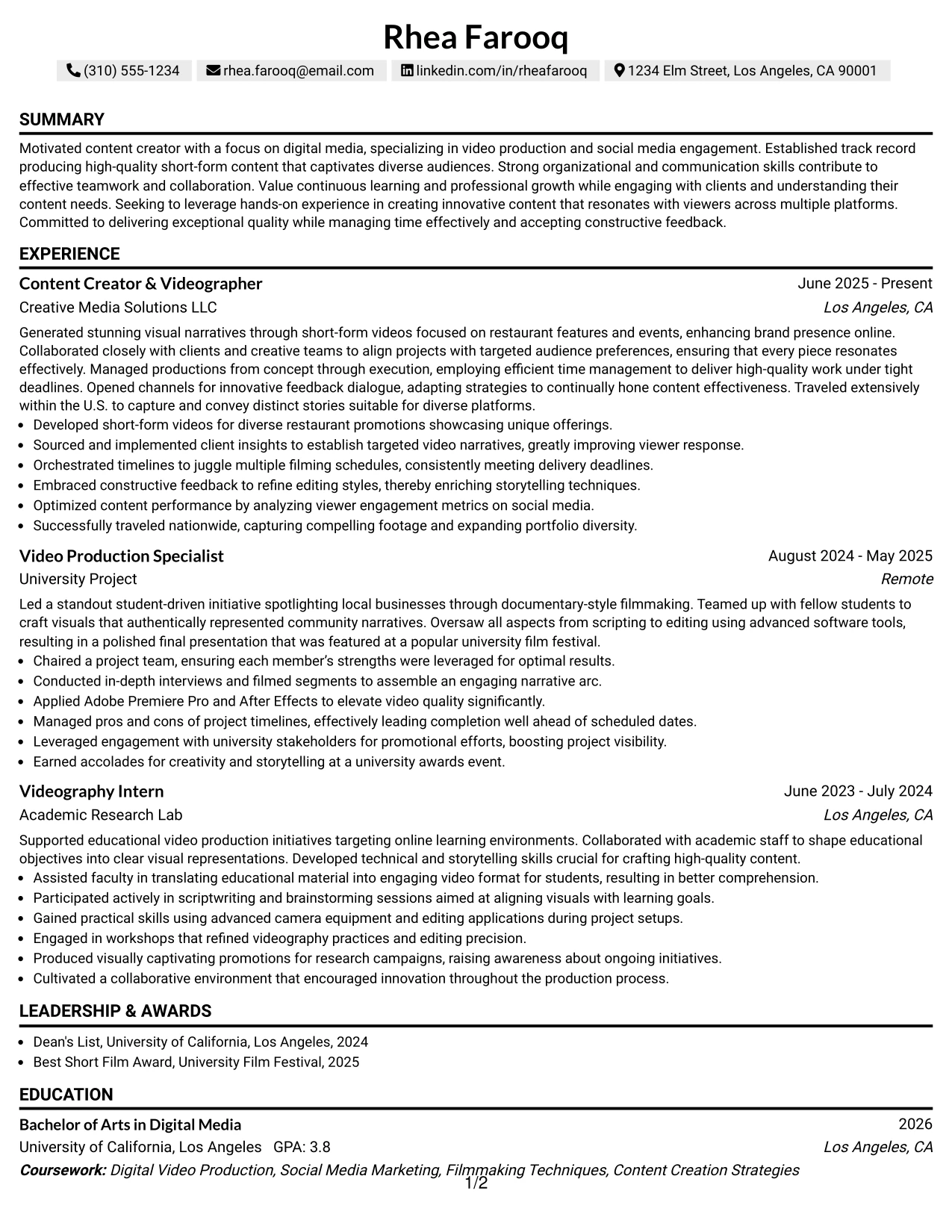 Resume Example Page 1